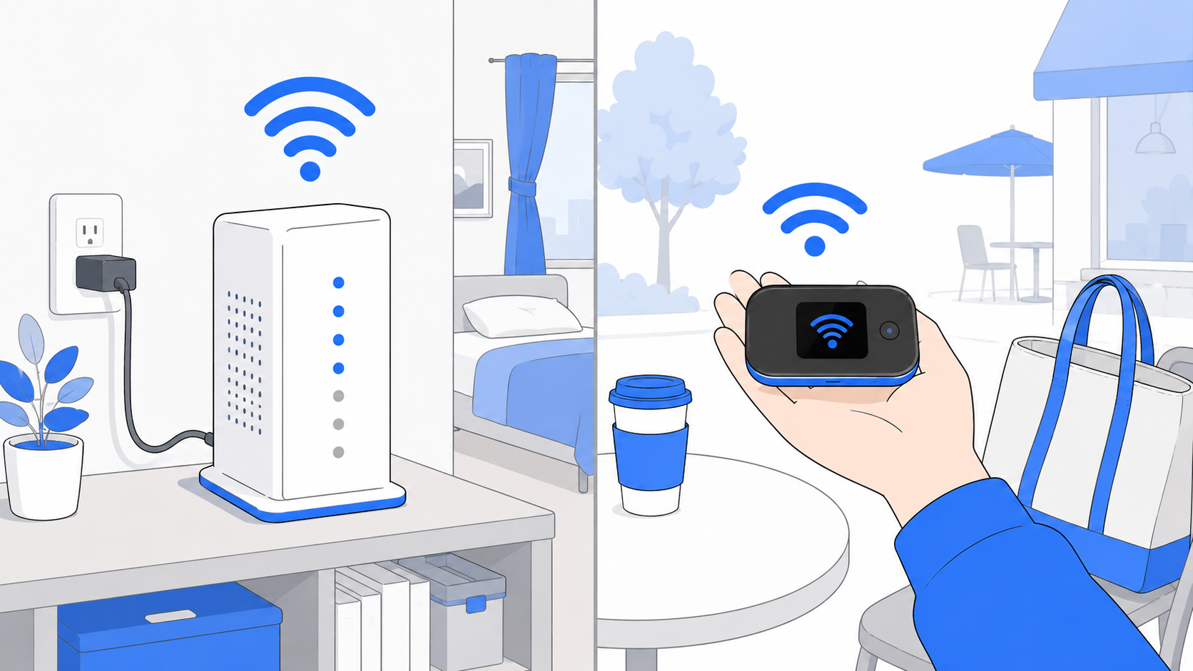 据え置きのホームルーターと、持ち運べるポケット型Wi-Fiを比べるイメージ
