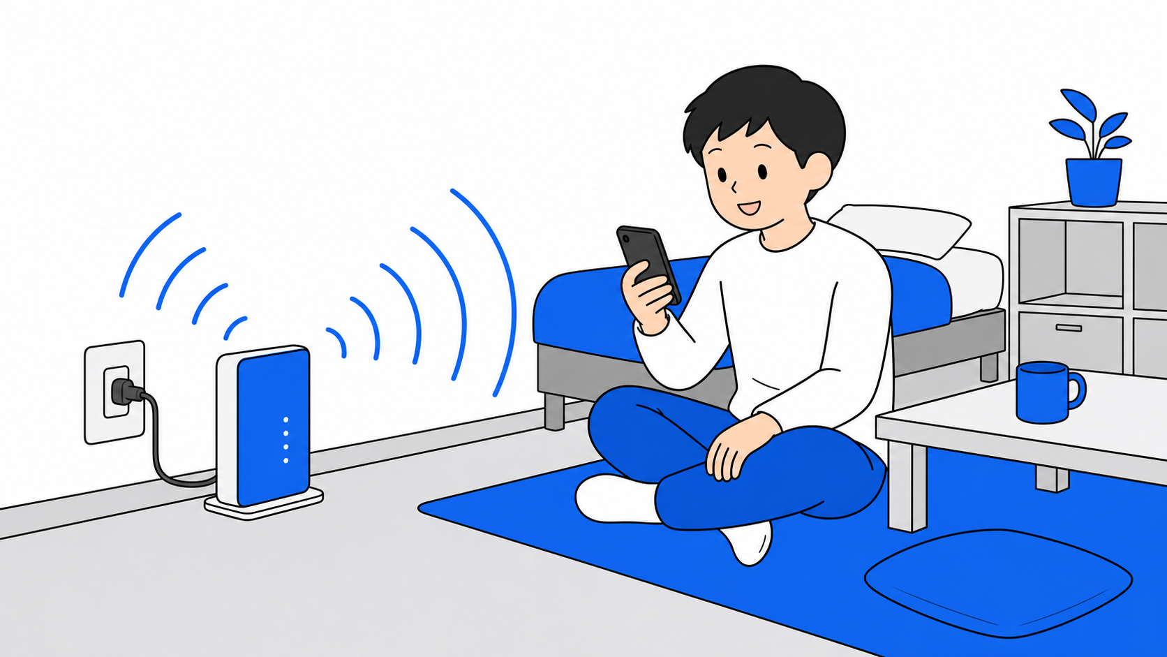 賃貸の部屋でコンセントに挿したホームルーターからWi-Fiが広がるイラスト