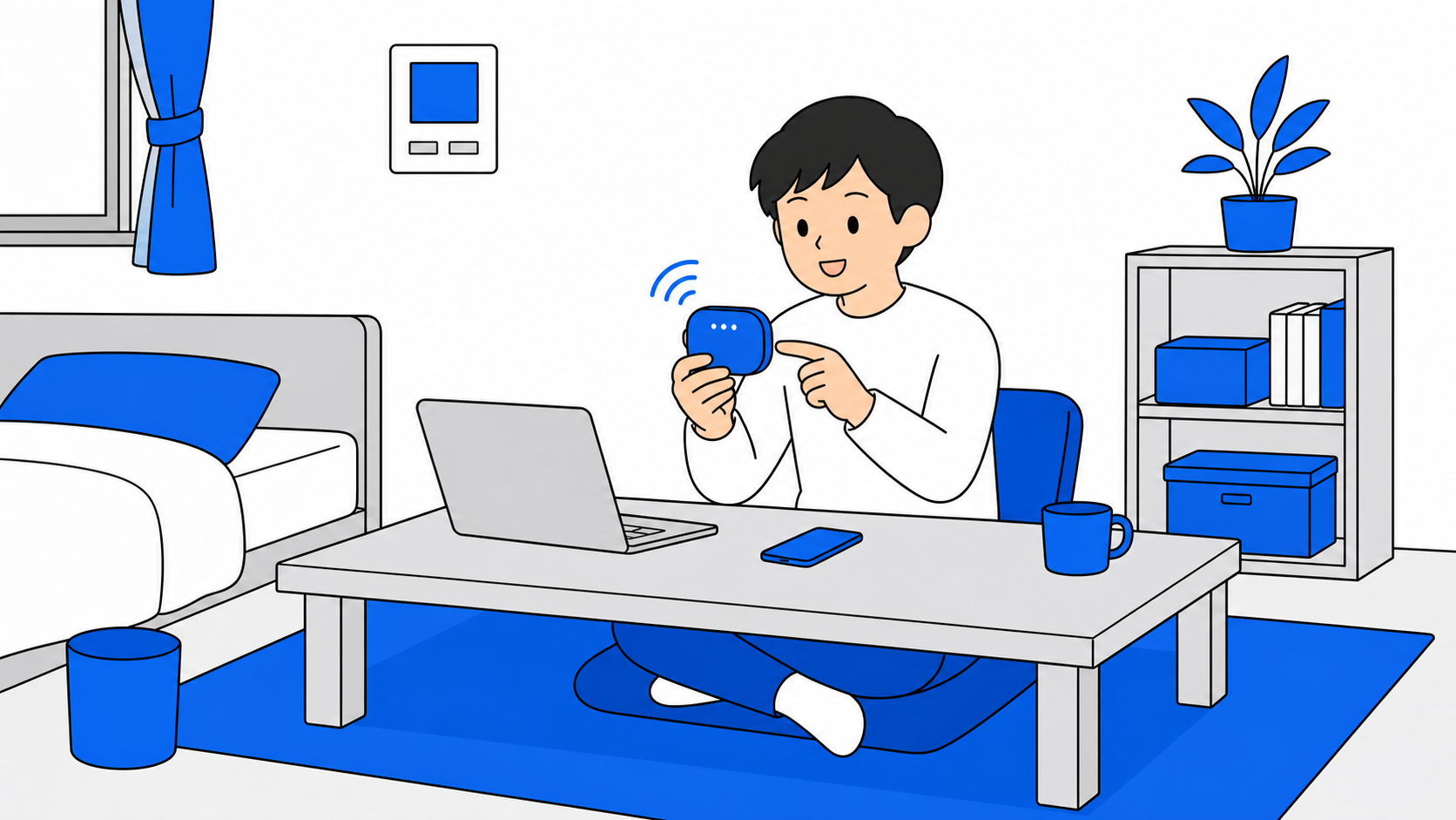 短期レンタルのWi-Fiルーターを試している一人暮らしの人のイラスト
