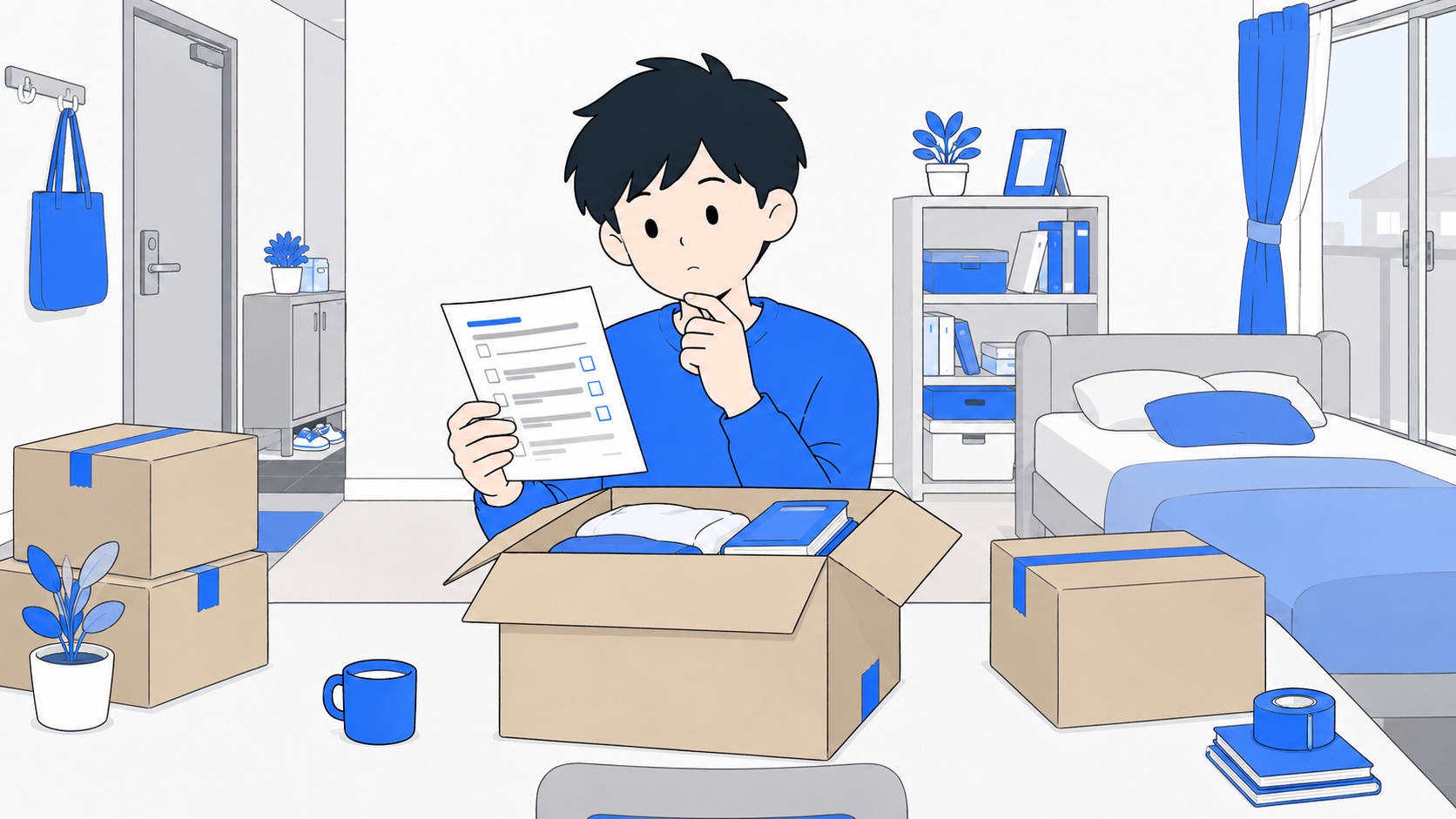 引っ越しの段ボールとネット回線の書類を確認する人のイラスト