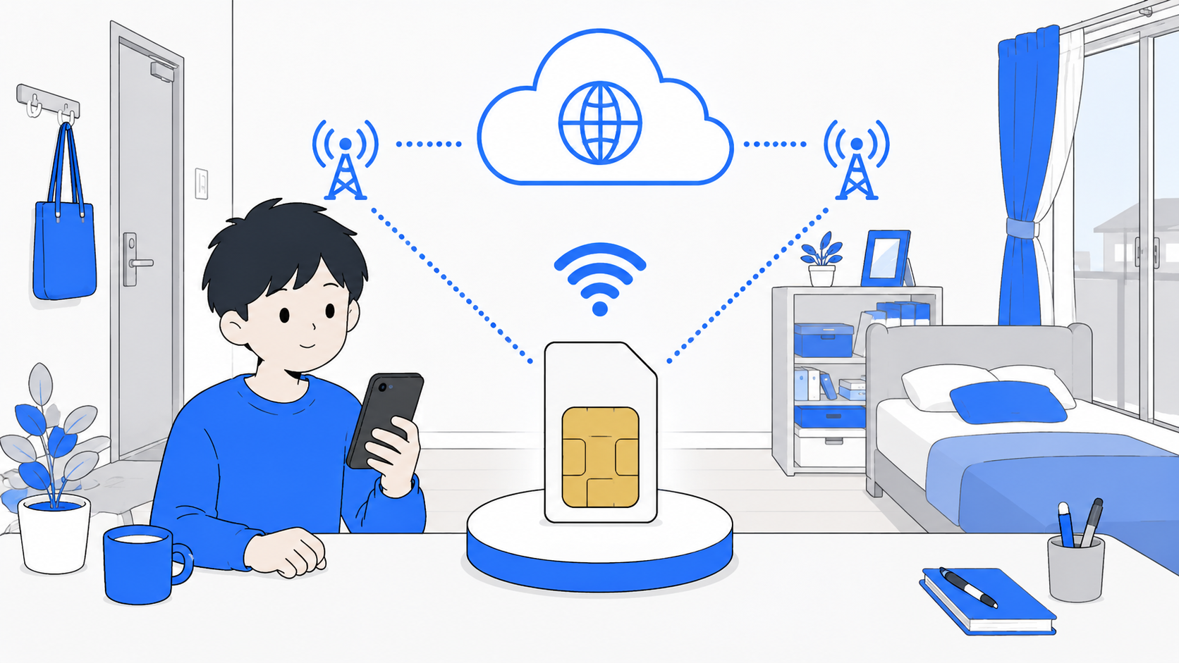 SIMカードと電波が雲を通じてつながるイメージのイラスト