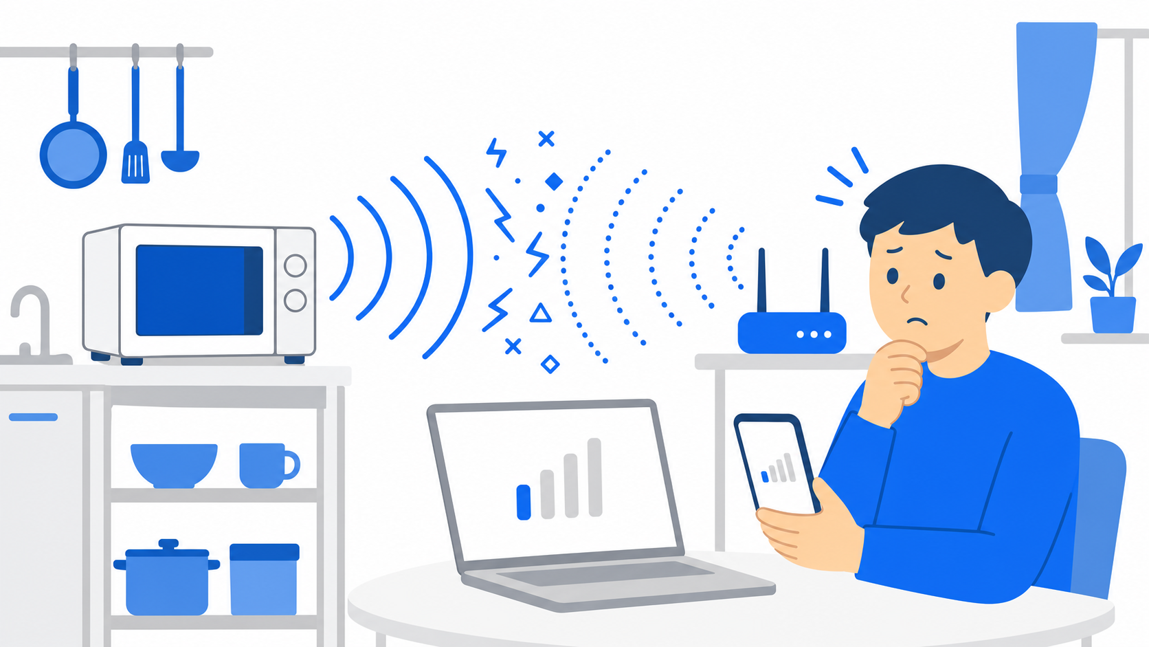電子レンジの電波がWi-Fiに干渉する仕組みのイラスト