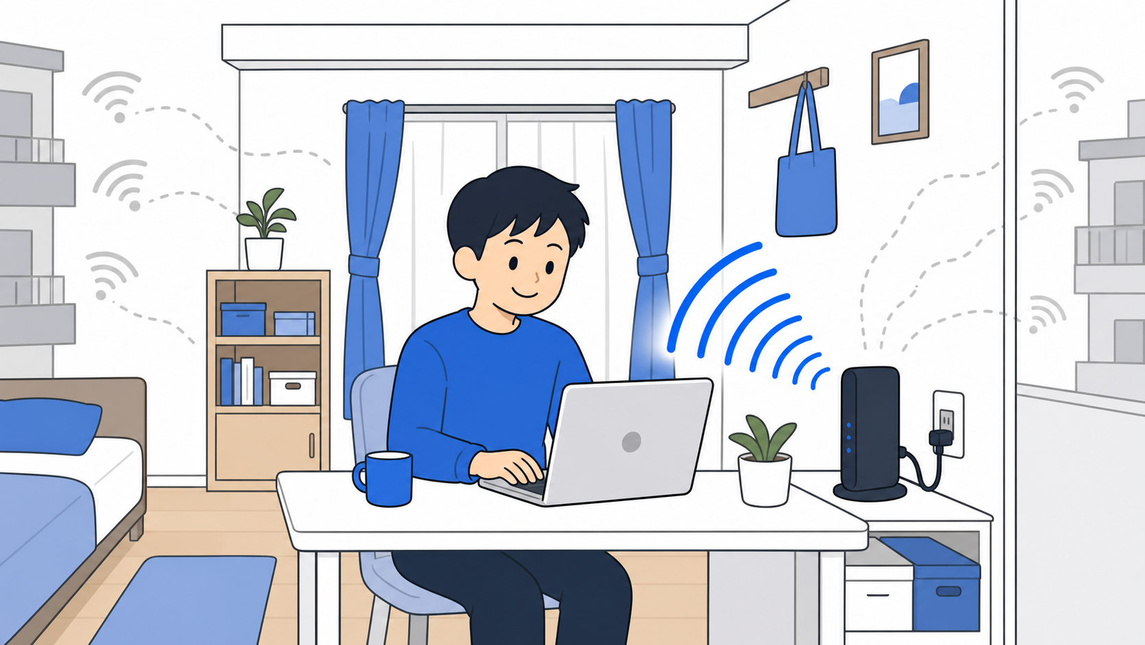 ルーターを電子レンジから離して置くイメージのイラスト