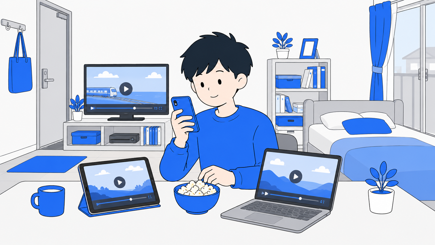 複数の端末で同時に動画を見る部屋のイラスト