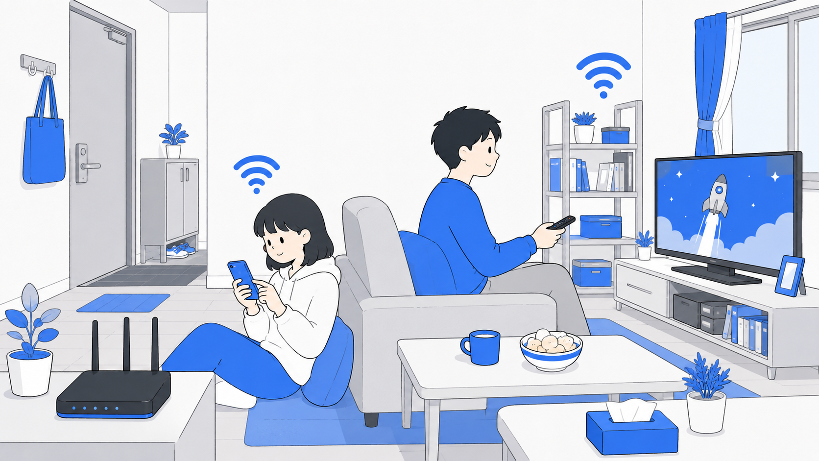 二人がそれぞれスマホとテレビでネットを使うイラスト