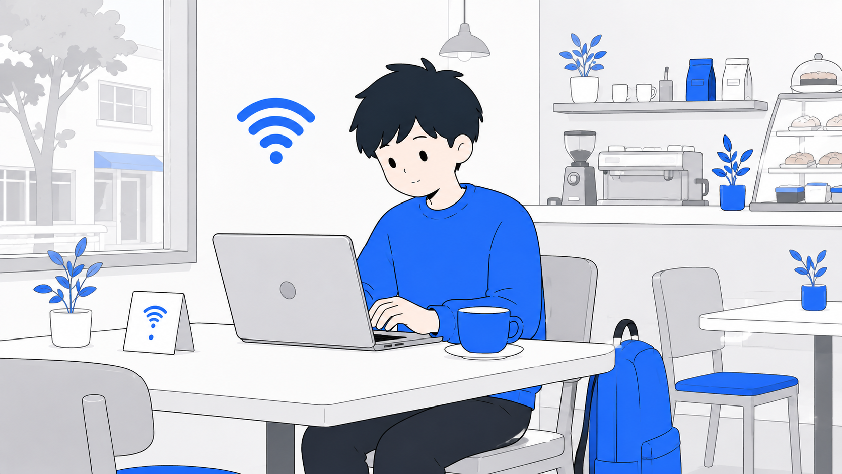 カフェでノートパソコンを開いて無料Wi-Fiを使う人のイラスト