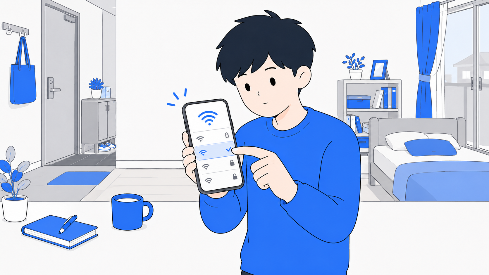 スマホのWi-Fi一覧を見て正しい電波を選ぶ人のイラスト