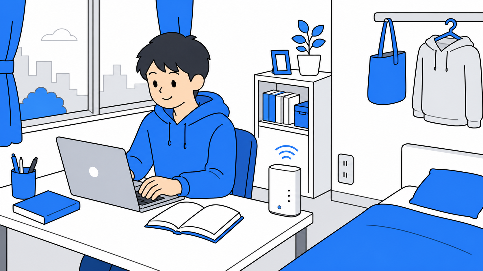 工事不要のWi-Fi端末を大学生の部屋で使うイメージ