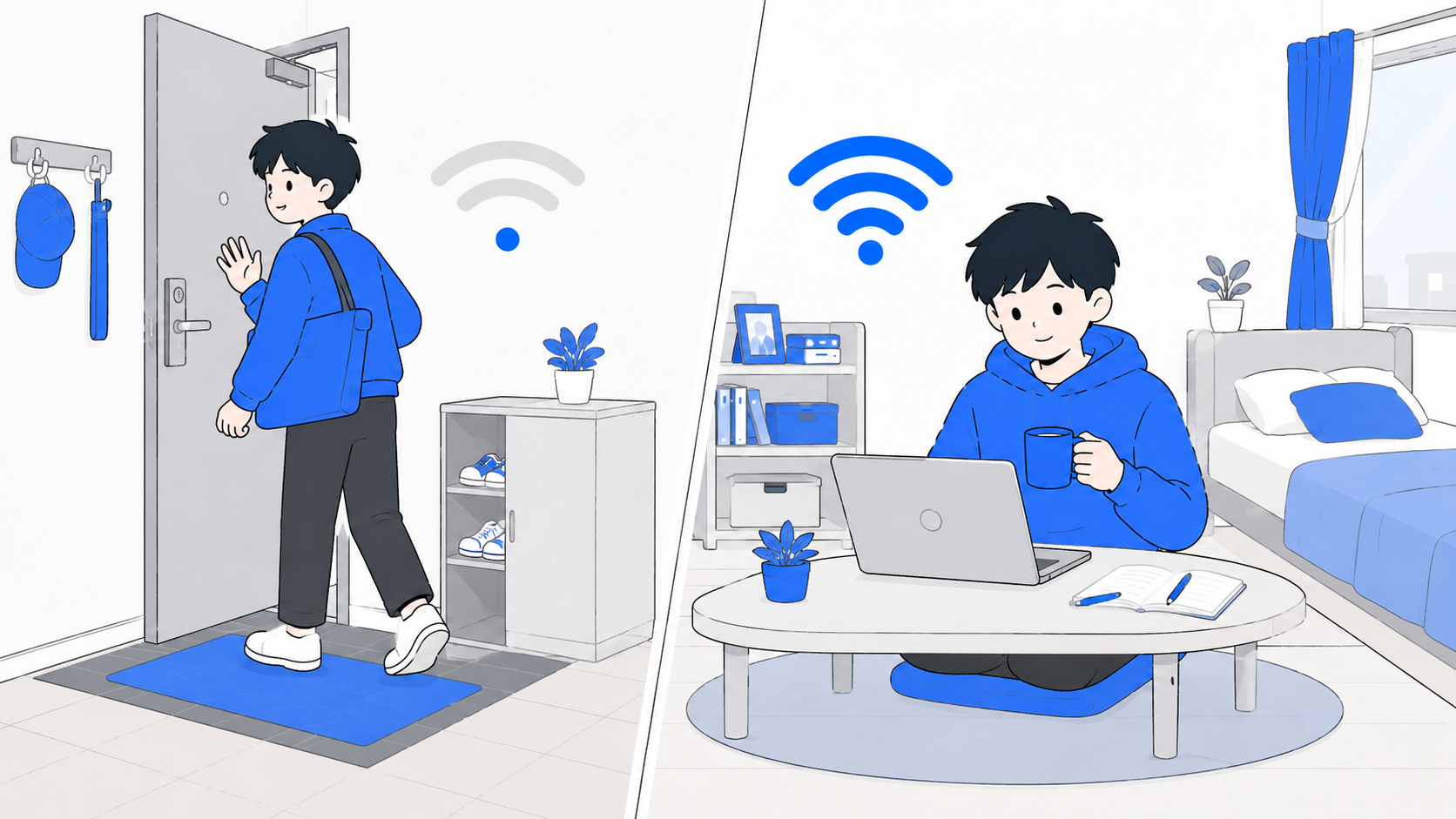 在宅時間で選ぶ考え方(外出が多い人と家にいる人)の対比イラスト