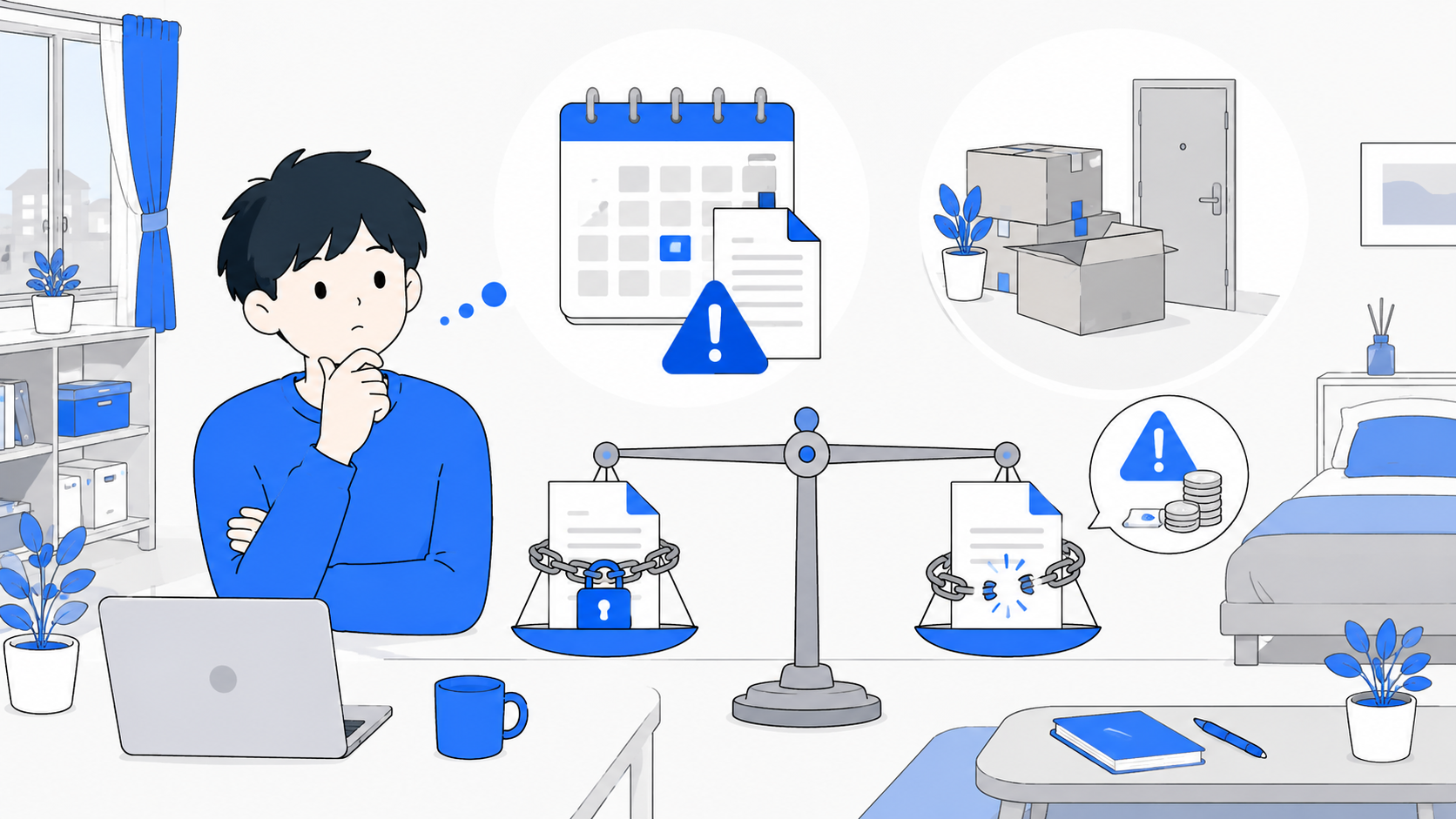 契約期間の落とし穴(解約金・縛り)に注意するイラスト