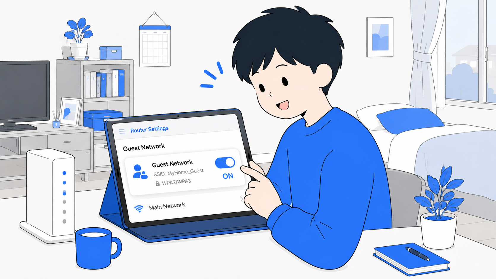 スマホやパソコンでルーターの設定画面を開くイラスト