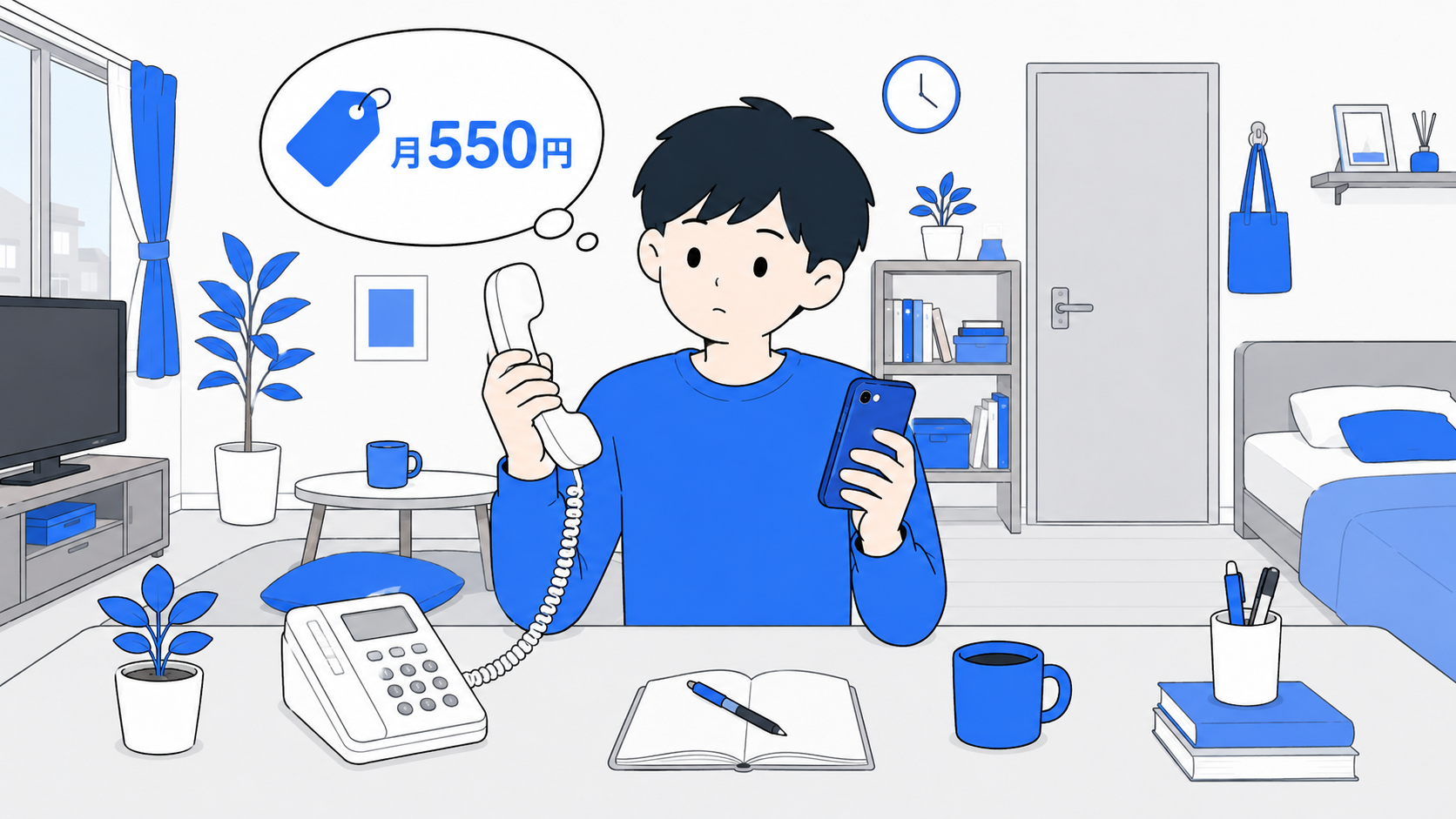 固定電話とスマホを見比べて考える人のイラスト