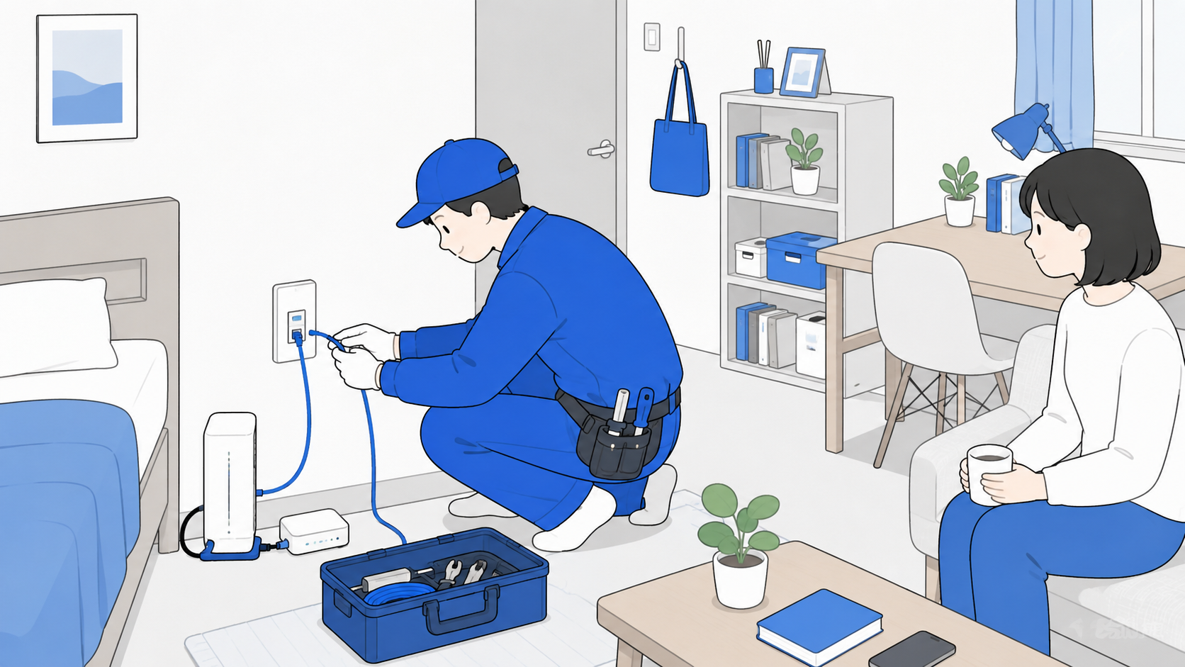 作業員が光回線の開通工事をしているイラスト