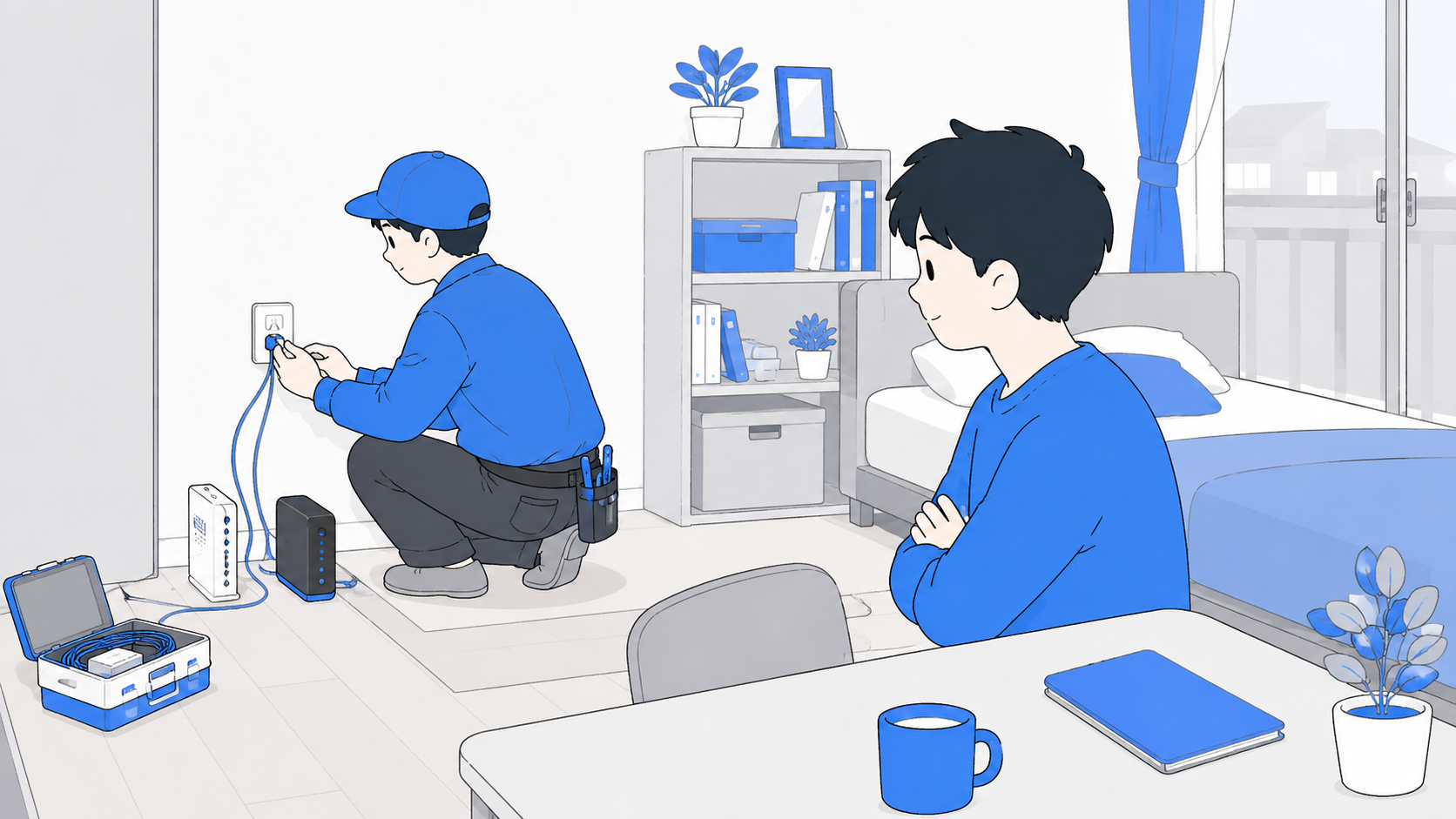 室内で立ち会いをしながら工事を見守る人のイラスト