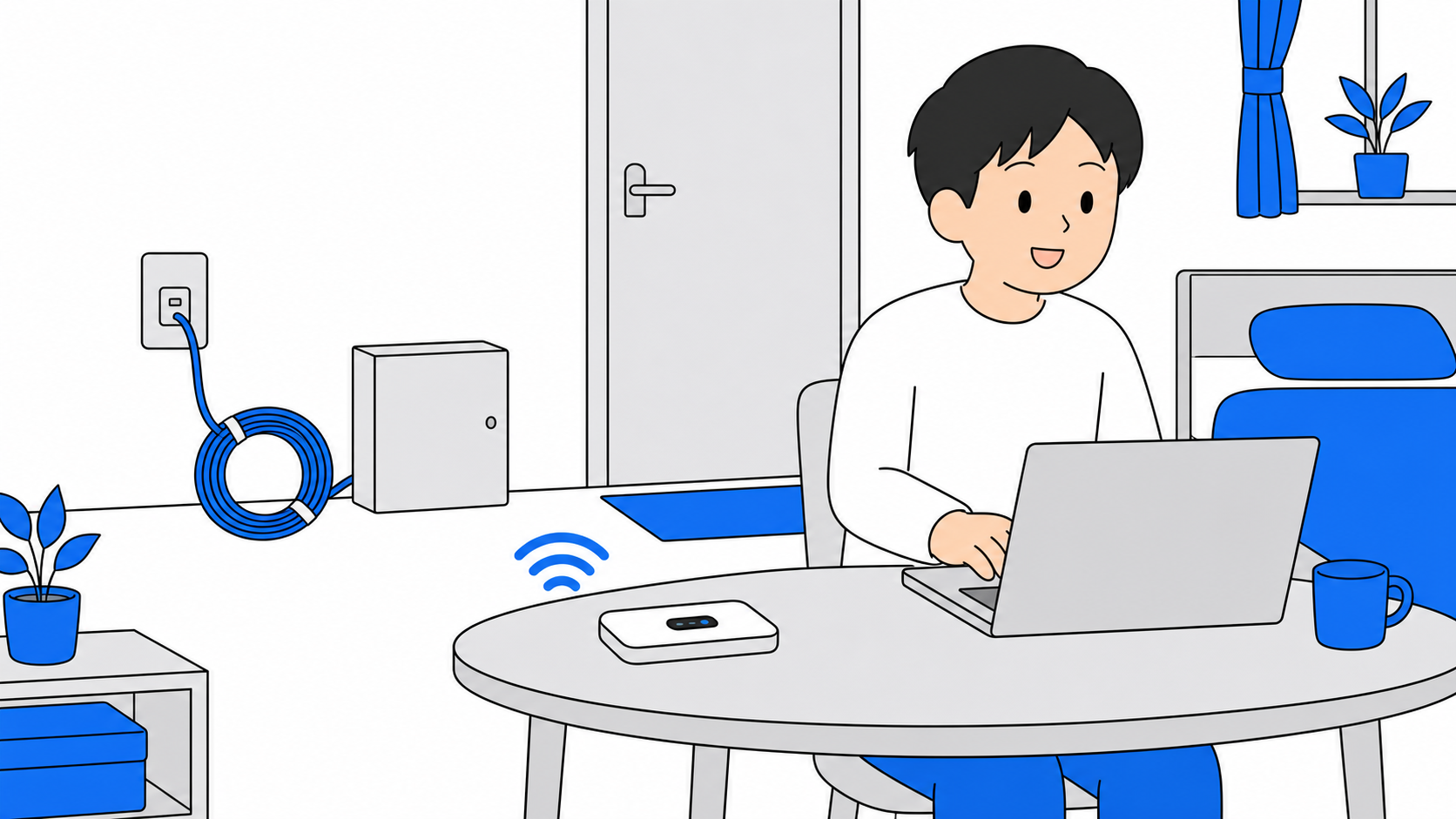 光回線が開通するまでの空白期間をレンタルWi-Fiでつなぐイメージのイラスト