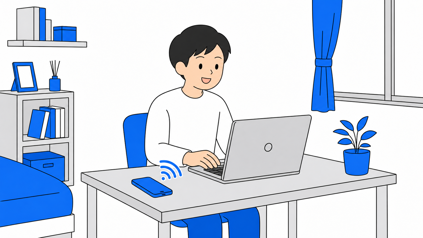 スマホのテザリングでパソコンをネットに繋いで作業する一人暮らしの人のイラスト