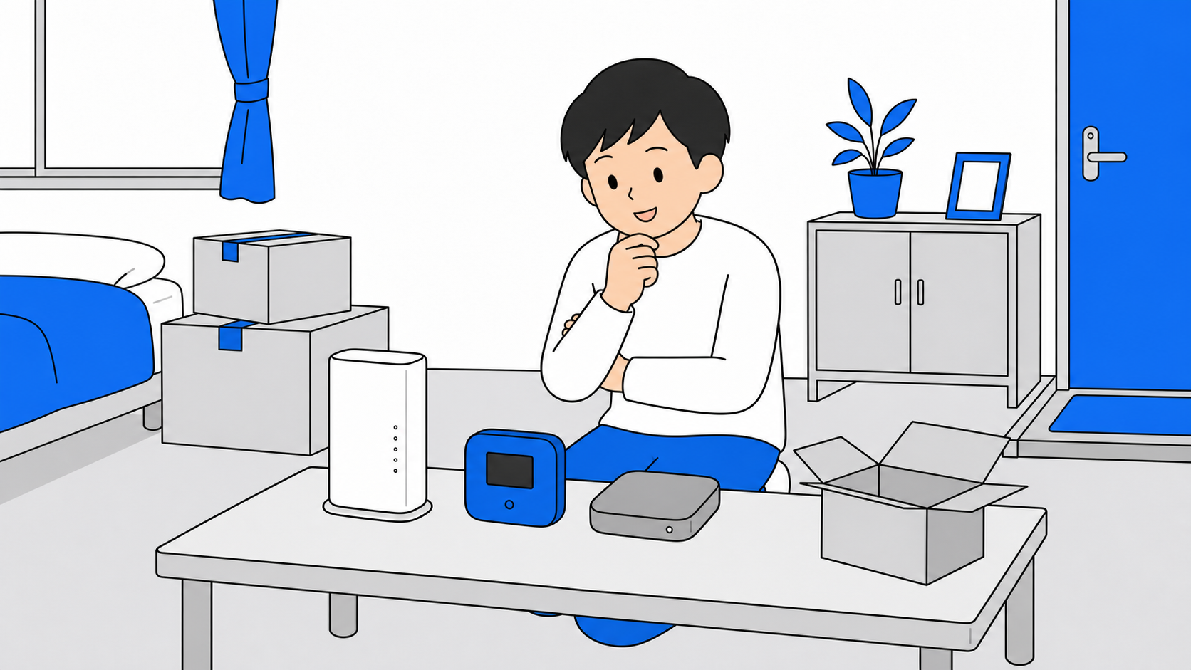 引っ越し当日の部屋でホームルーター・ポケット型Wi-Fi・レンタルWi-Fiの3つの選択肢を並べたイラスト