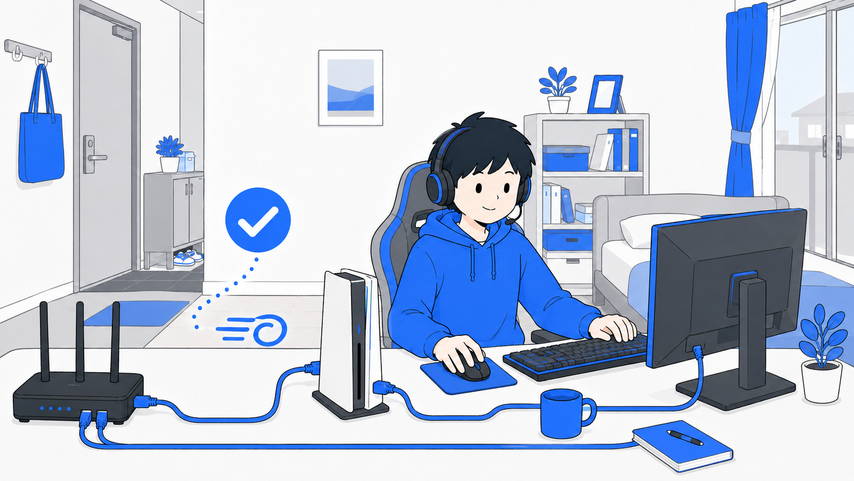 有線LANで安定して対戦ゲームを楽しむ一人暮らしのイラスト