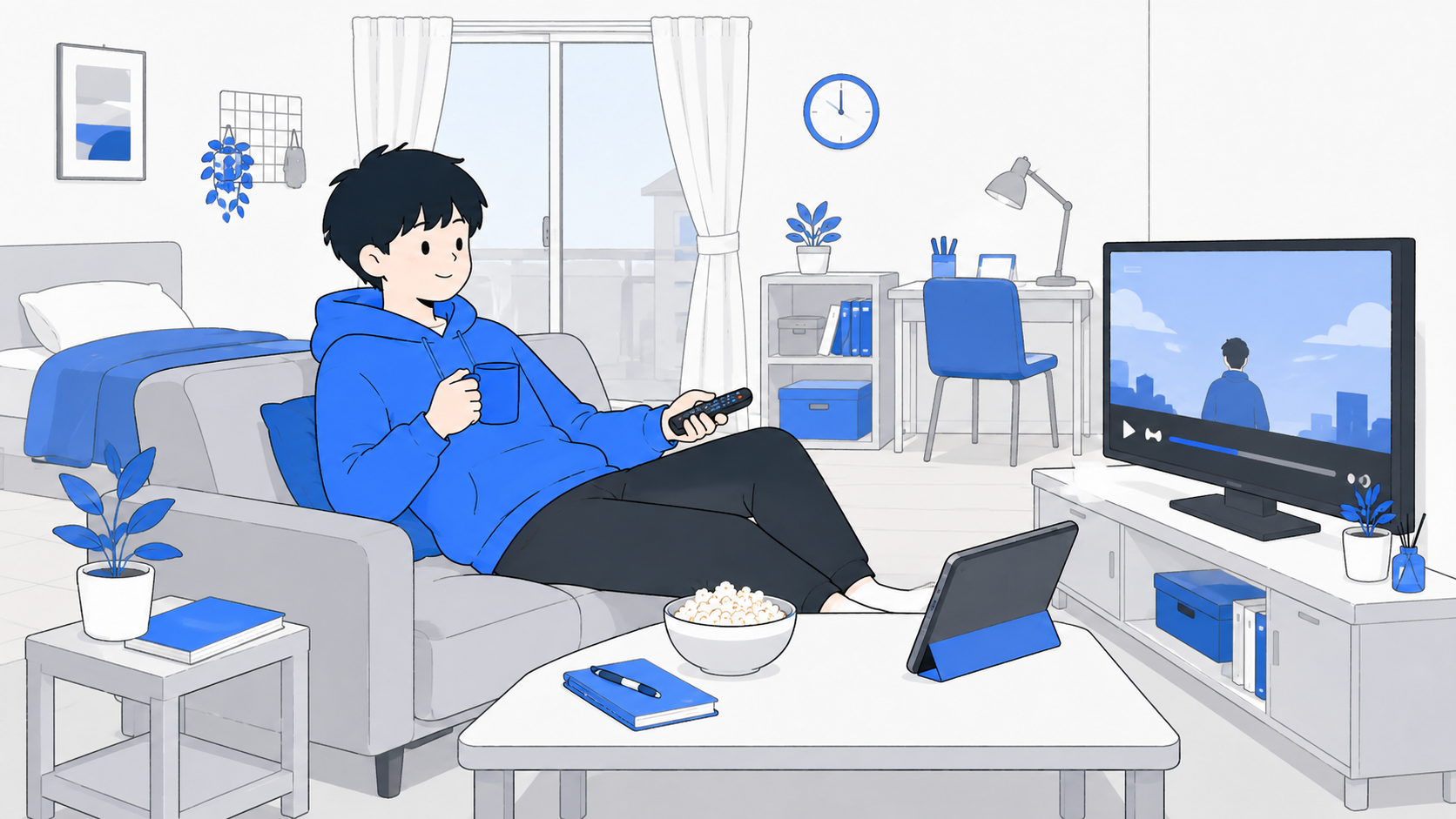 ソファで動画配信を楽しむ一人暮らしのイラスト
