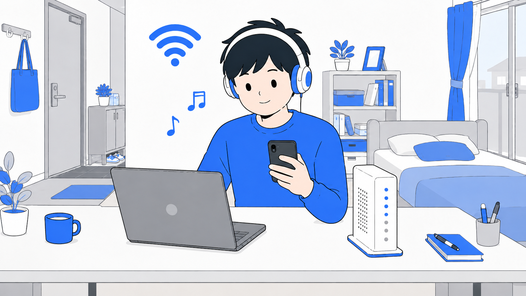 ノートパソコンとスマホで動画配信を楽しむ一人暮らしのイラスト