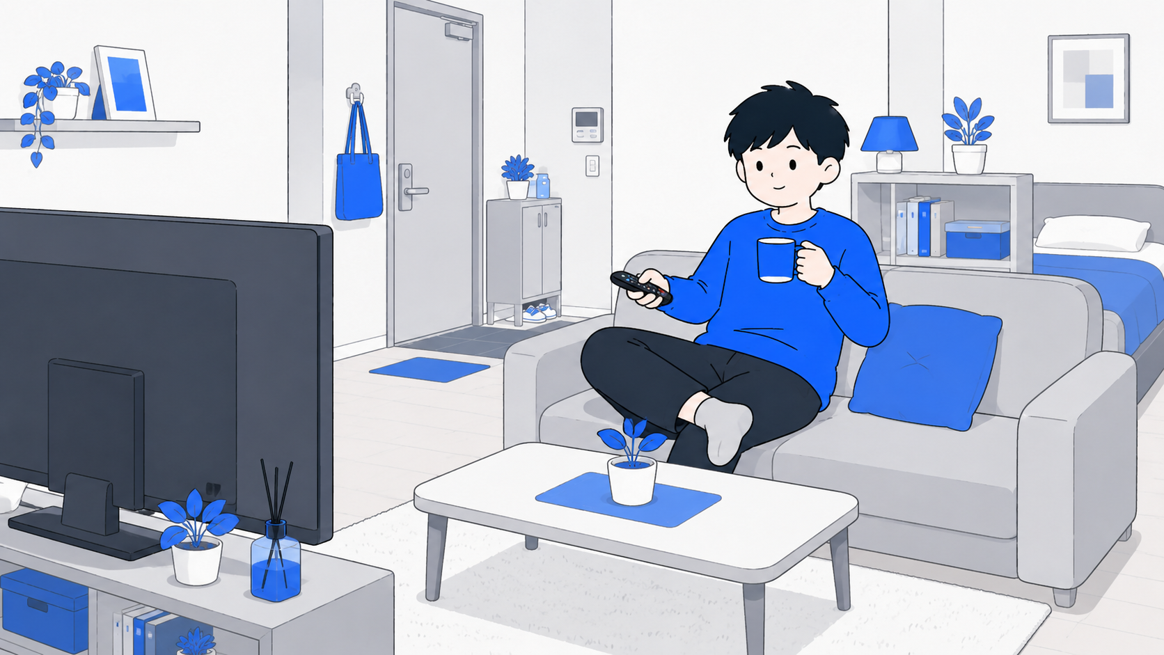 ソファでくつろぎながら大画面で動画を見る一人暮らしのイラスト