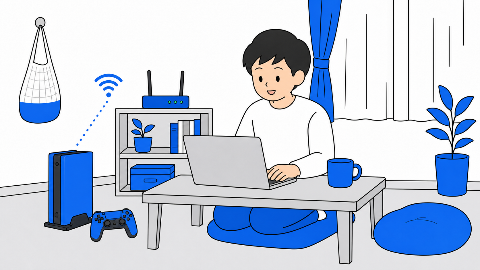 パソコンやゲーム機をWi-Fiにつないで快適に使う一人暮らしの人のイラスト