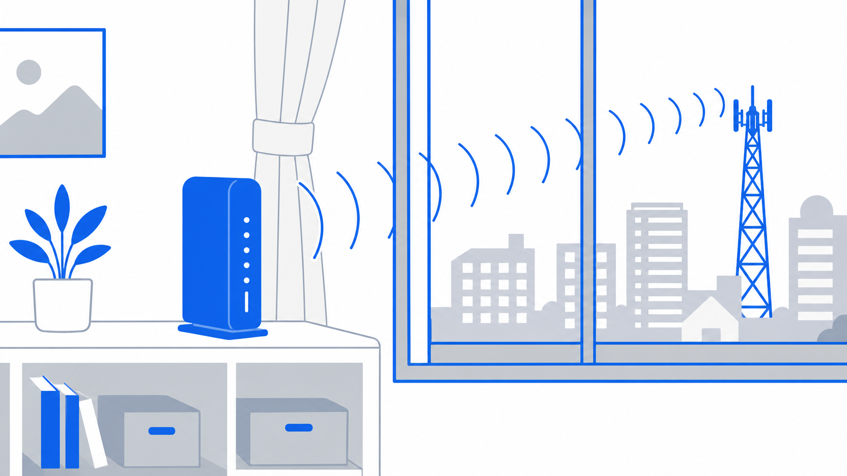 窓ぎわにホームルーターを置いて電波を確認するイメージのイラスト