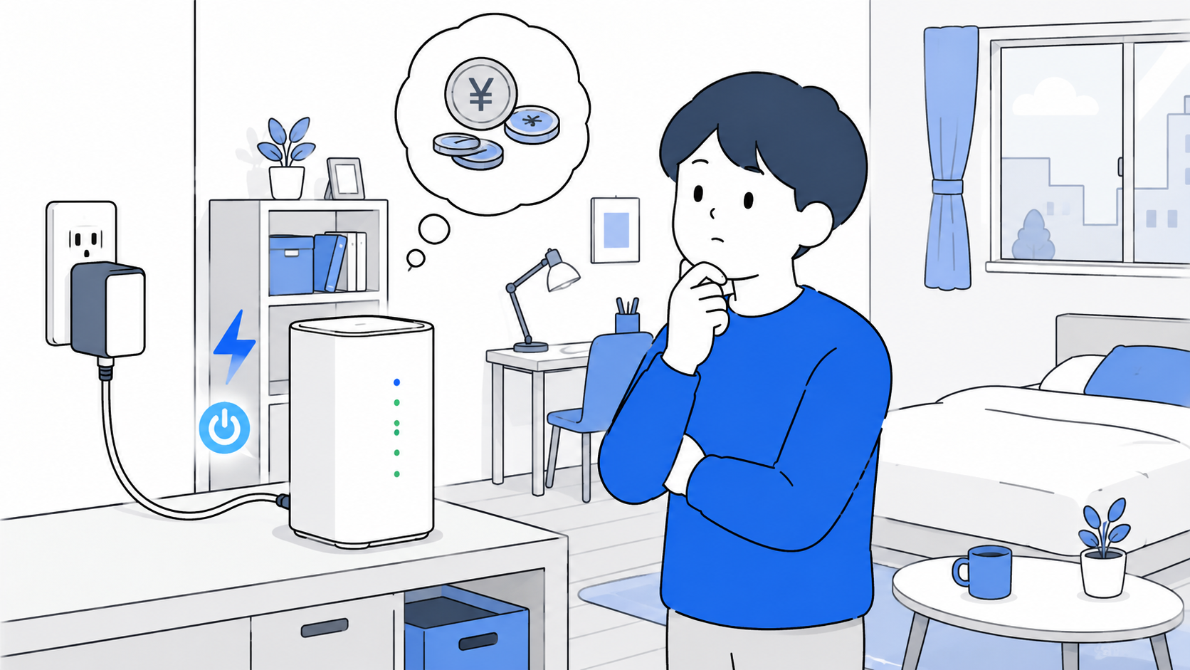 コンセントに挿さったホームルーターと電気代のイメージイラスト