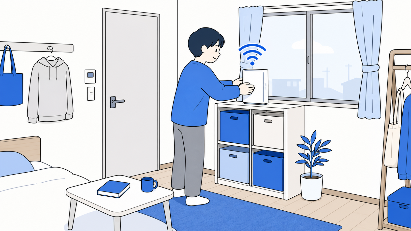 ホームルーターを窓際の高い位置に置いたイメージのイラスト