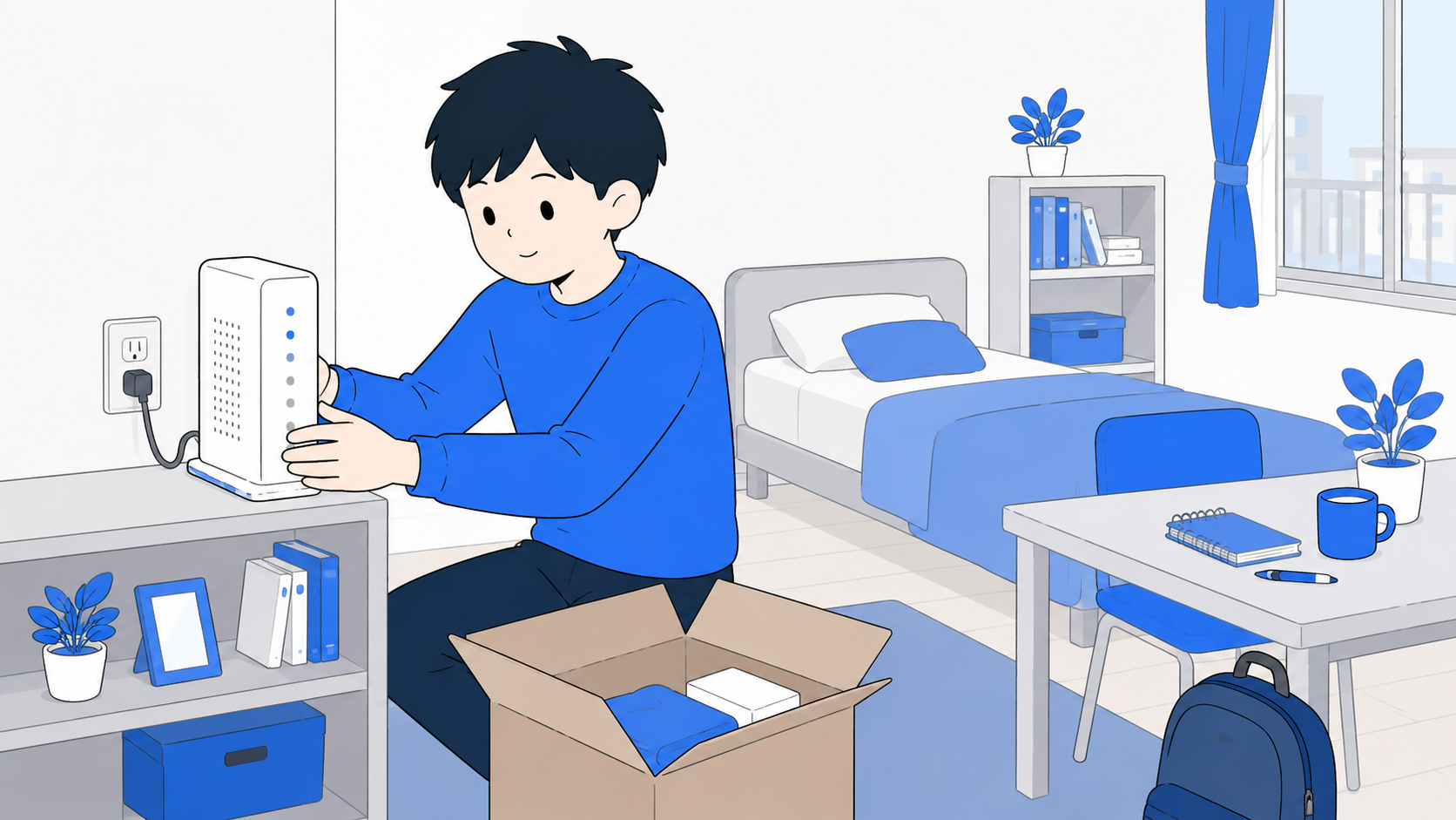 ホームルーターを新居に運んで設置する人のイラスト