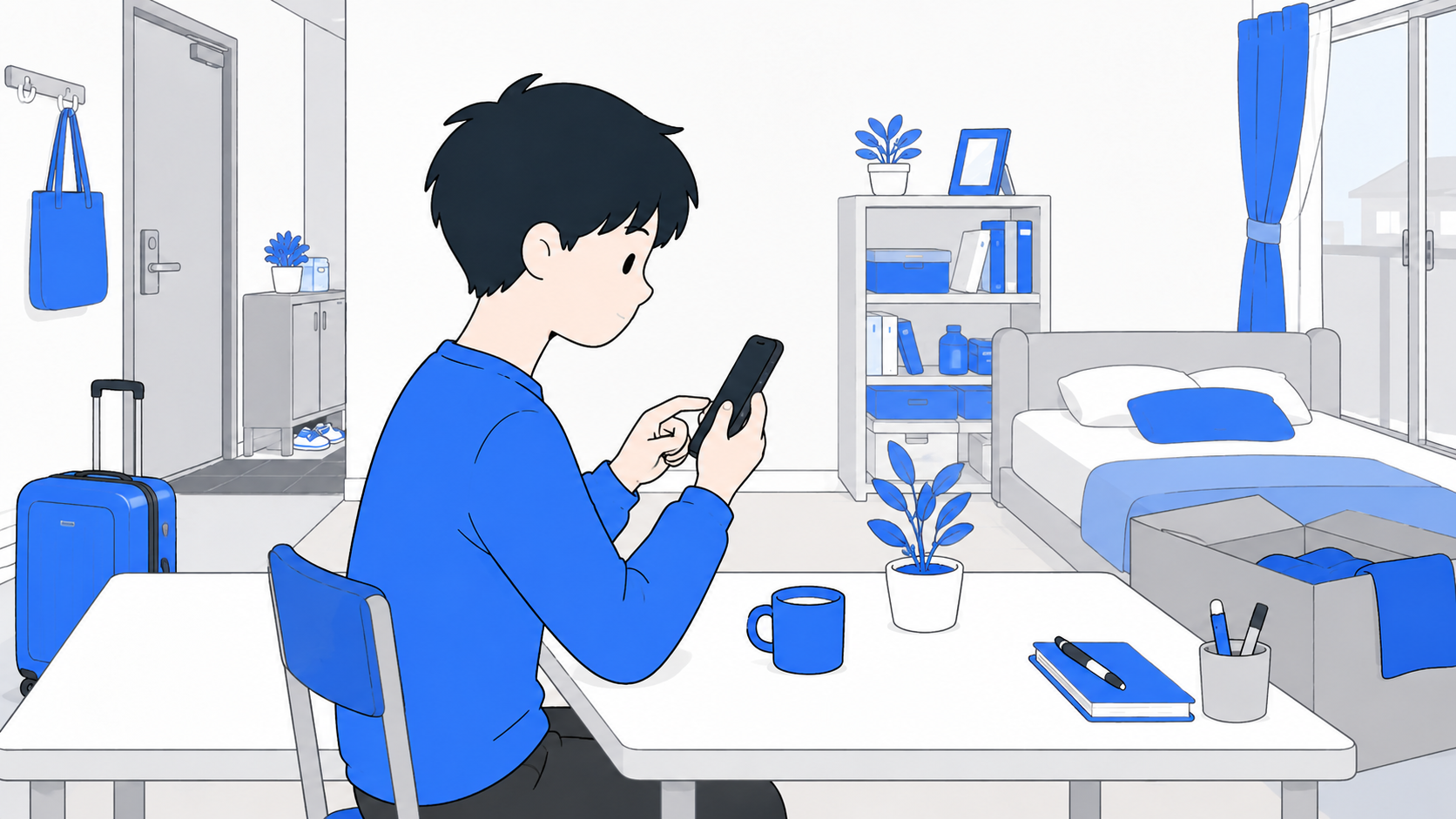 スマホで住所変更の手続きをする人のイラスト