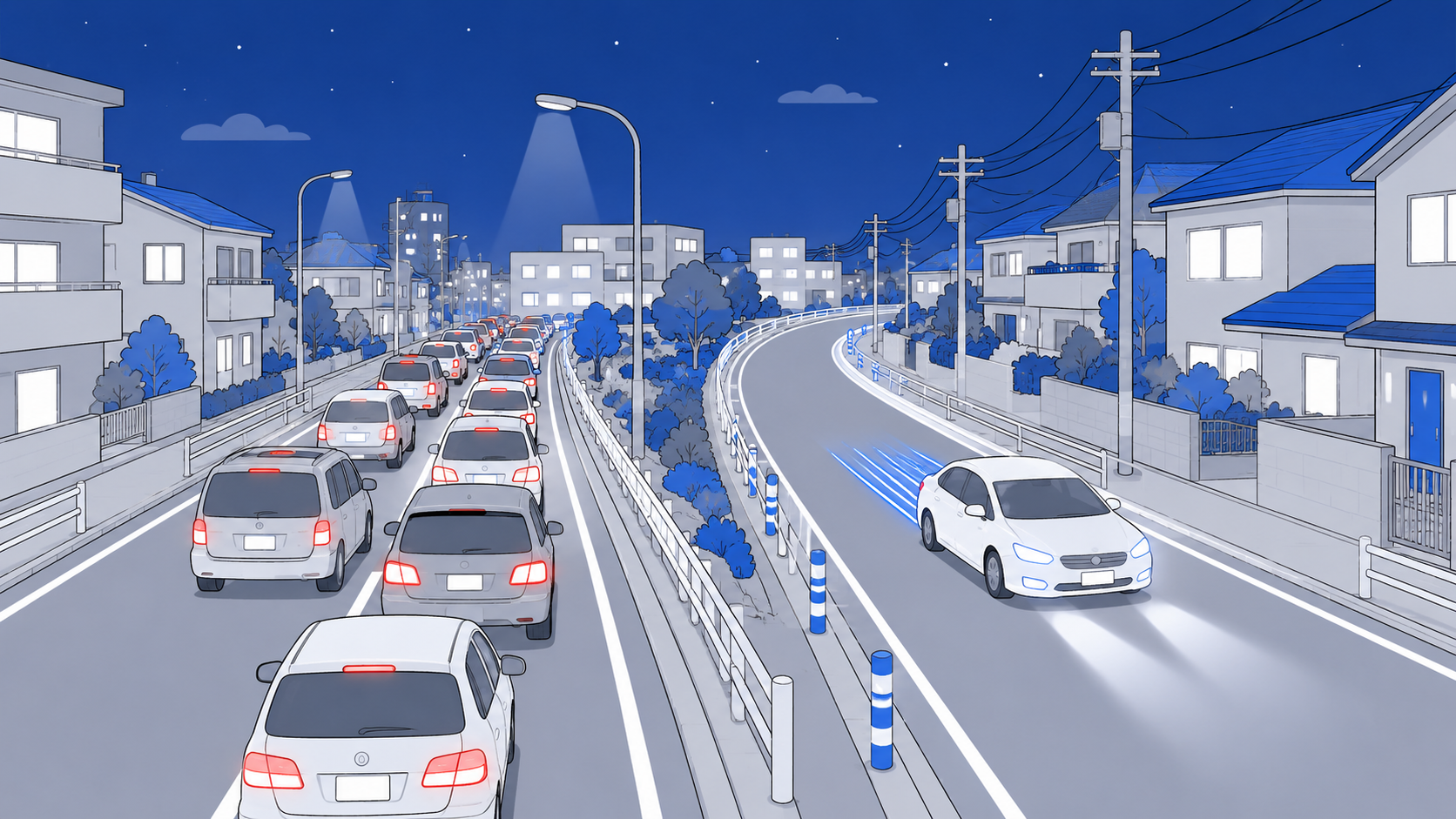 夜に混雑する道路を迂回路で抜けるイラスト