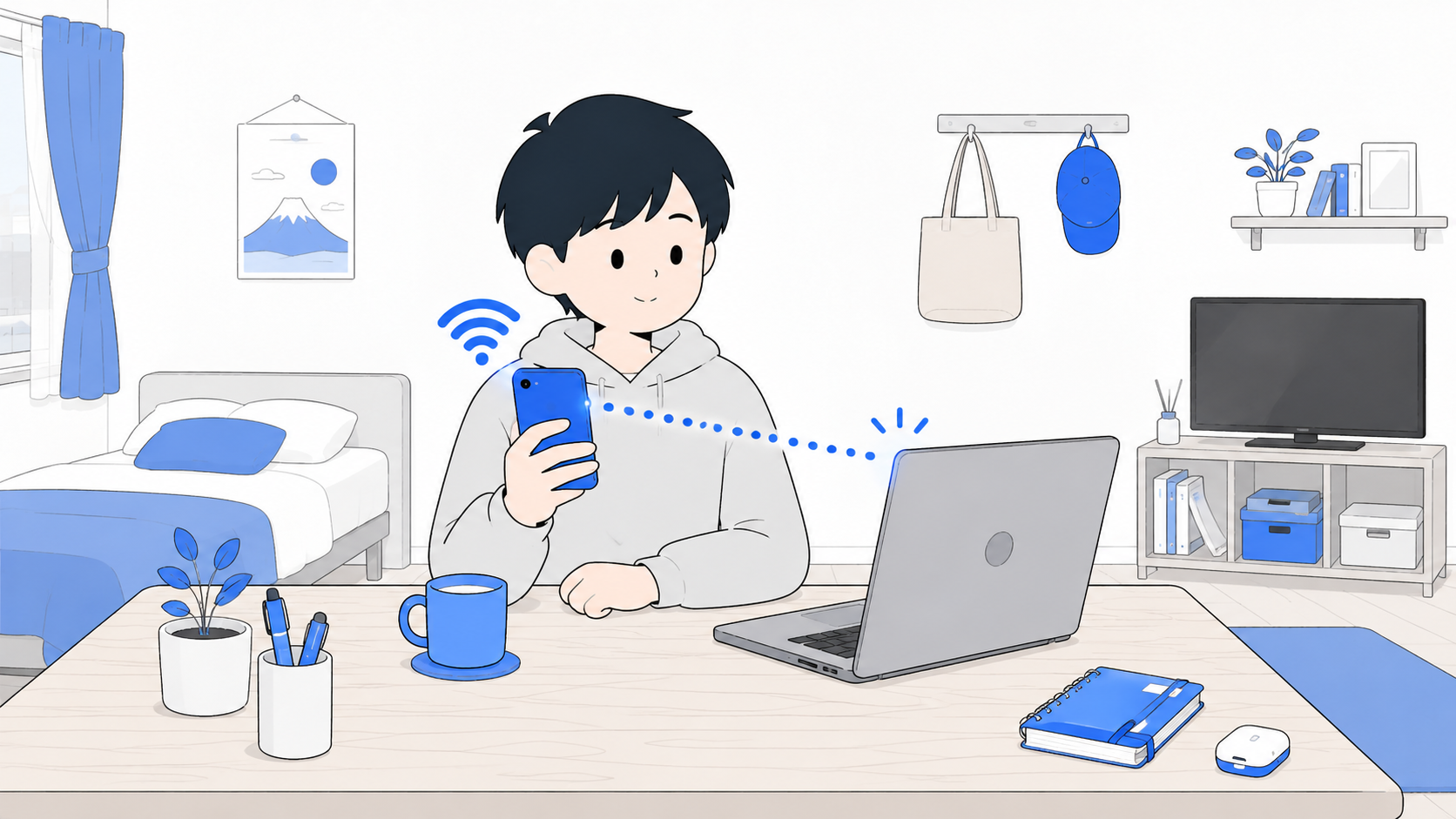 スマホのテザリングでパソコンをネットにつなぐ一人暮らしのイラスト