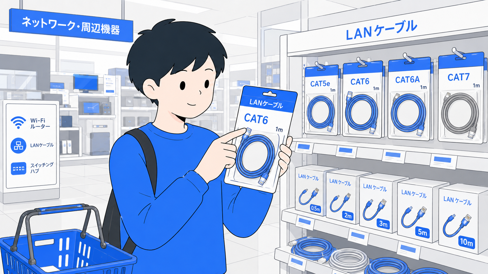 LANケーブルのカテゴリ表記を確認する人のイラスト