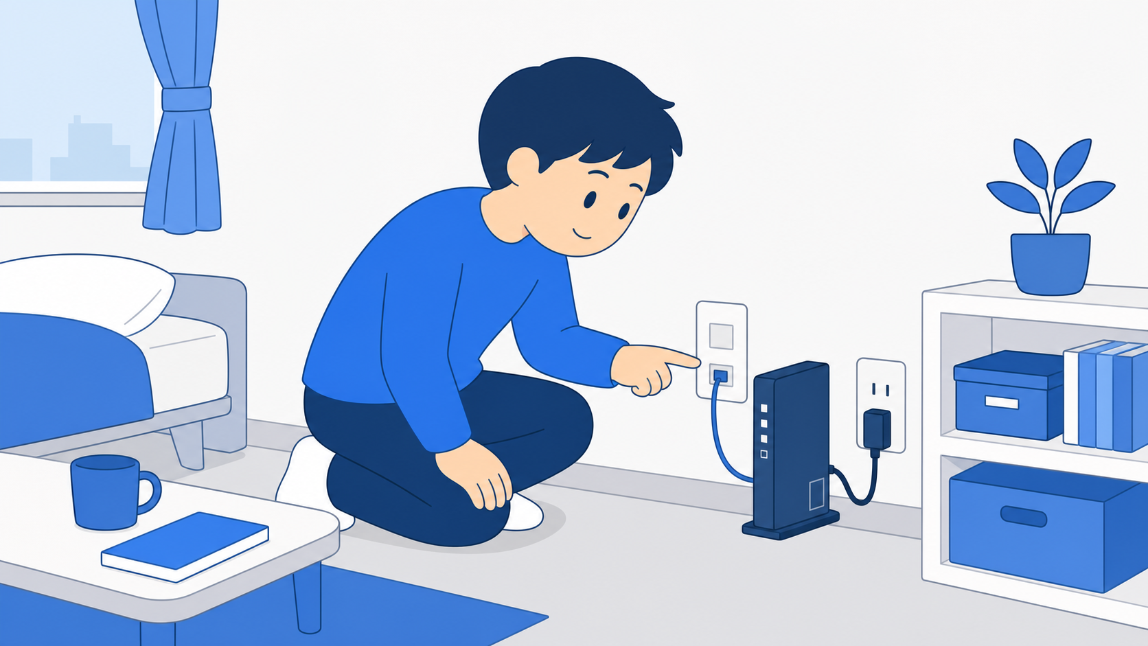 部屋の機器の表記や壁の差込口でVDSLか確認する様子のイラスト