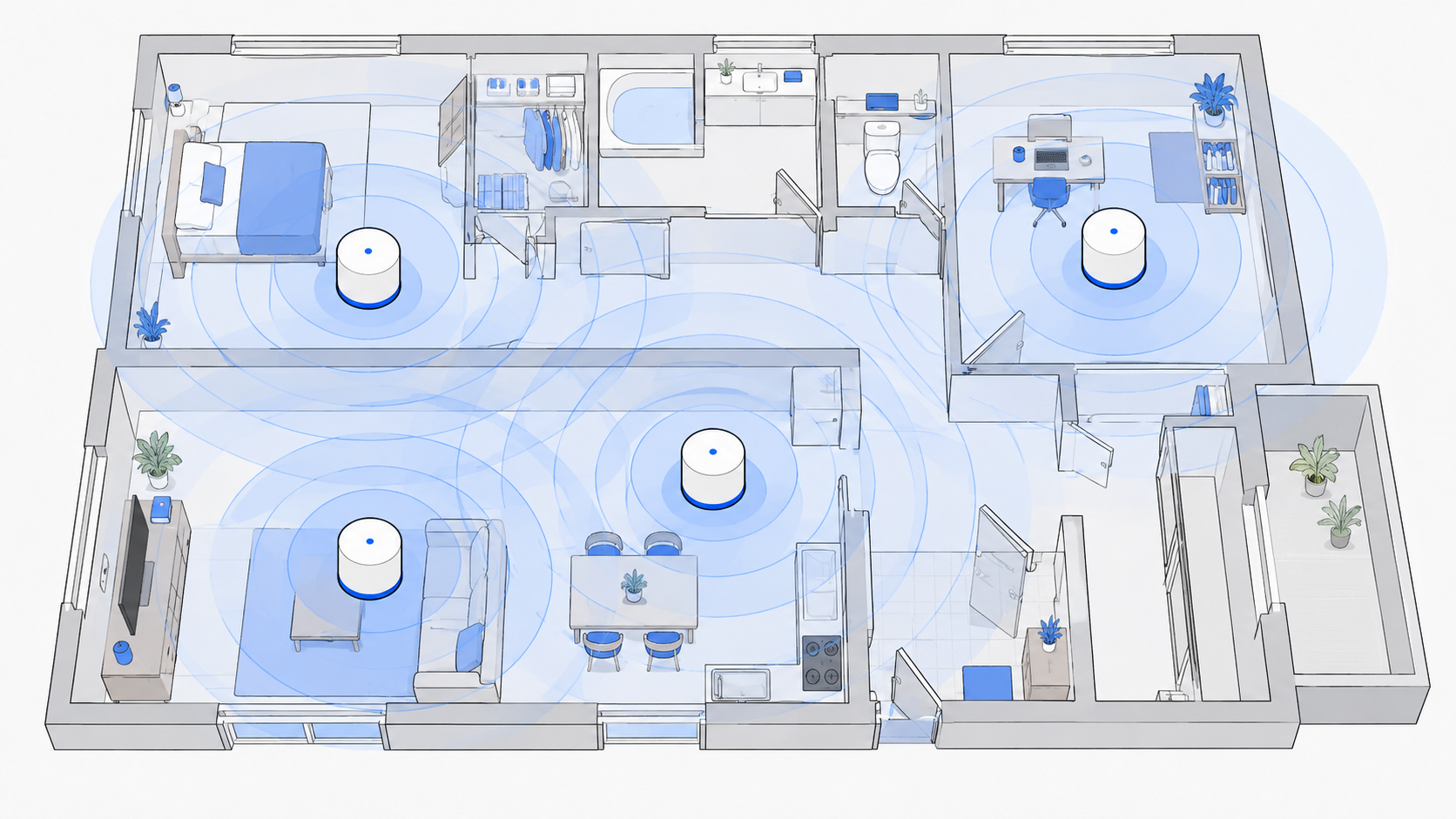 メッシュWi-Fiのユニットが家中に電波を張るイラスト