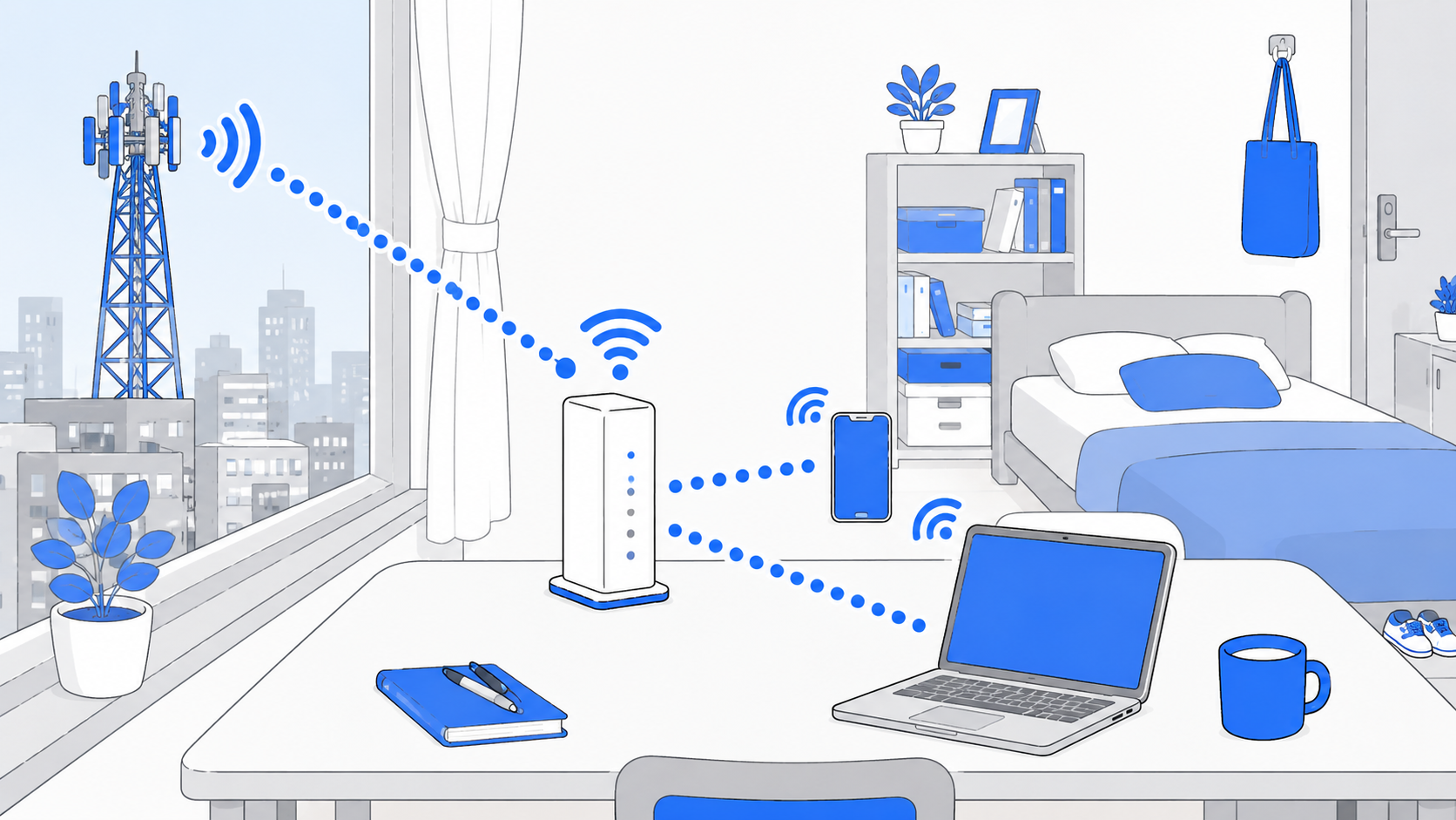 5Gの電波を受信するホームルーターのイラスト