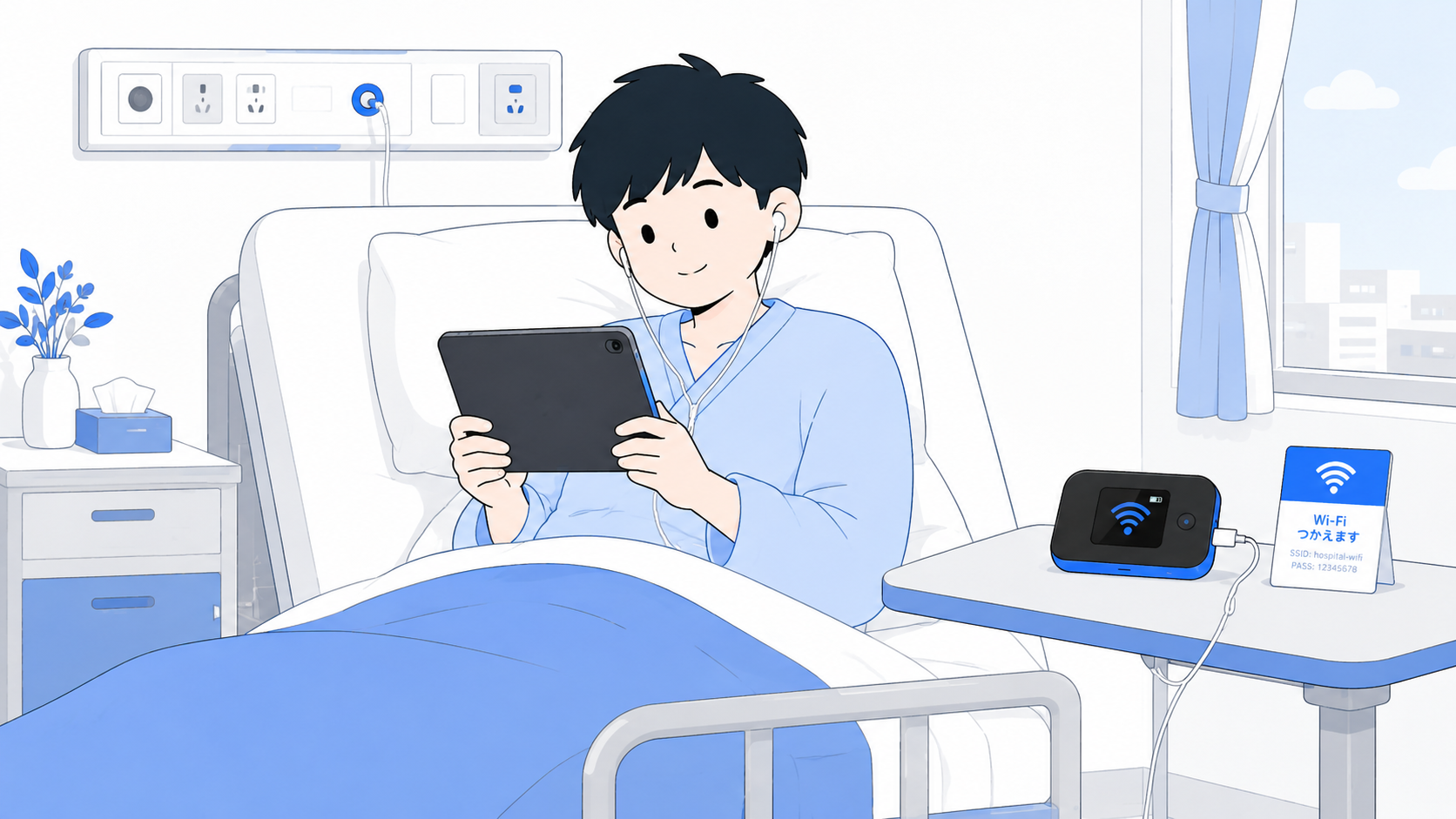 病室のベッドでタブレットを見ている入院患者のイラスト
