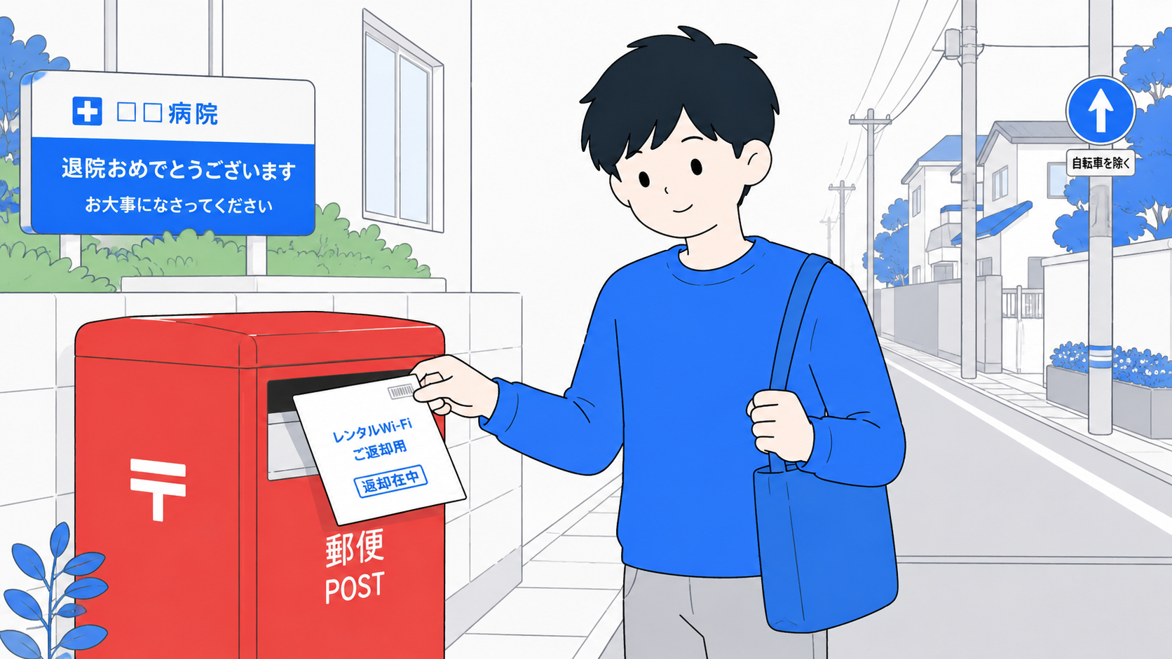 レンタルWi-Fiの返却封筒をポストに入れる人のイラスト