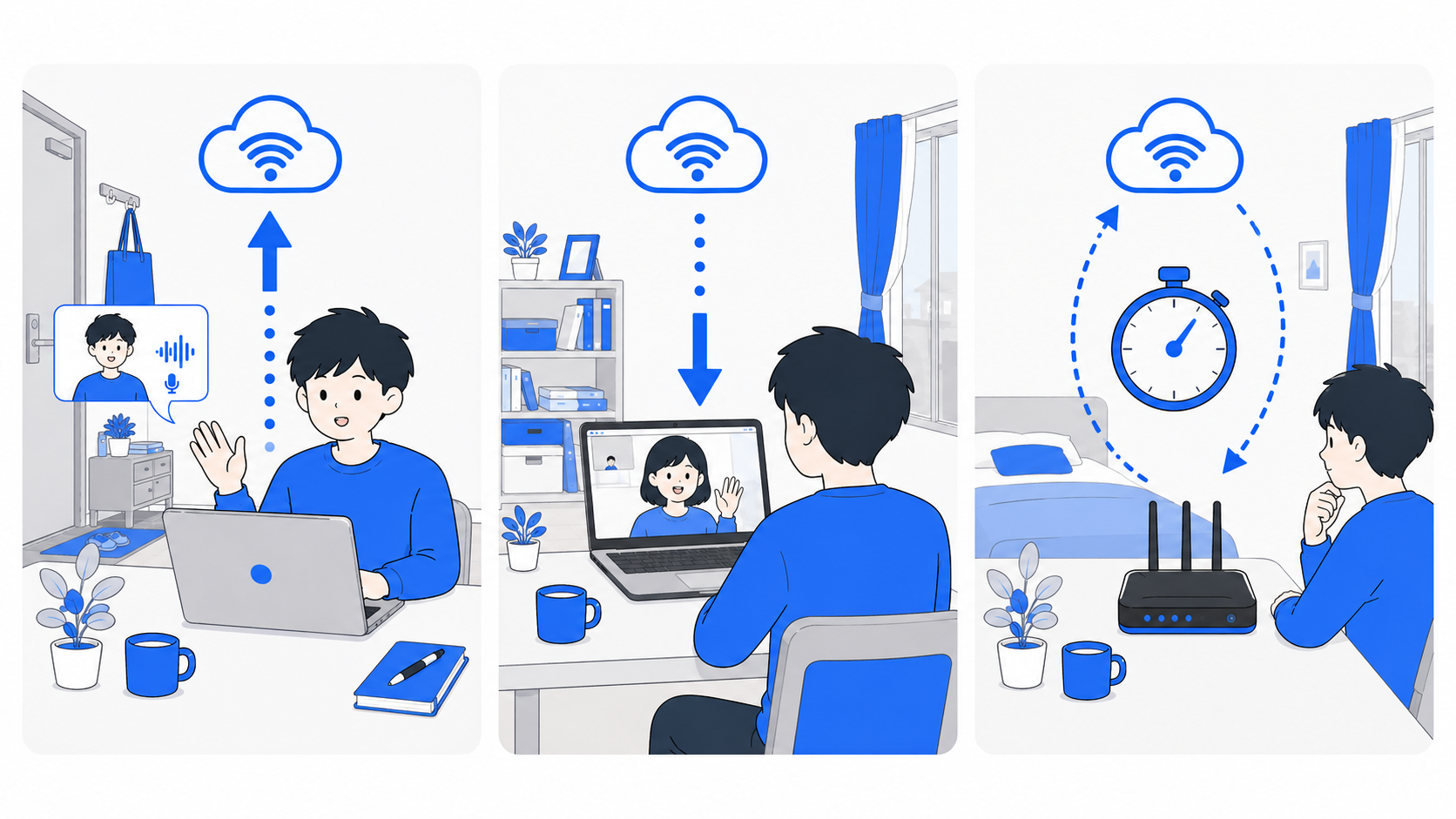 上り・下り・Ping(反応速度)の違いを矢印で図解したイラスト