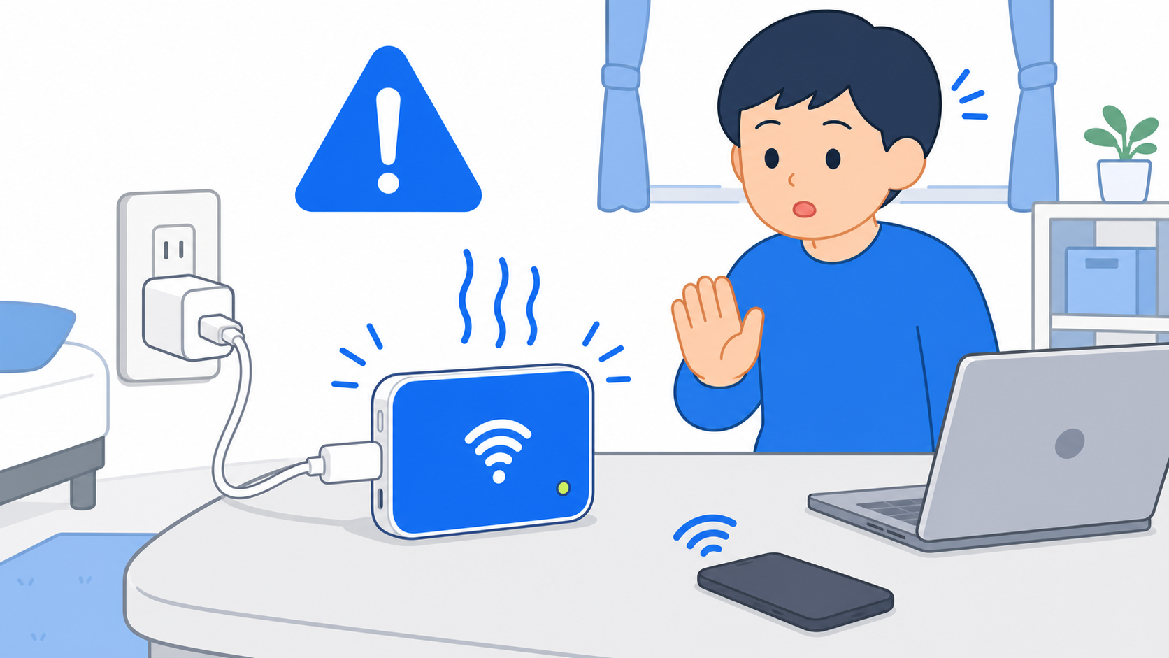 外出先でポケットWi-Fiを使う一人暮らしのイラスト