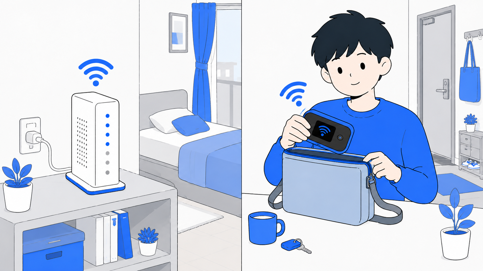ホームルーターとポケット型Wi-Fiの比較イラスト