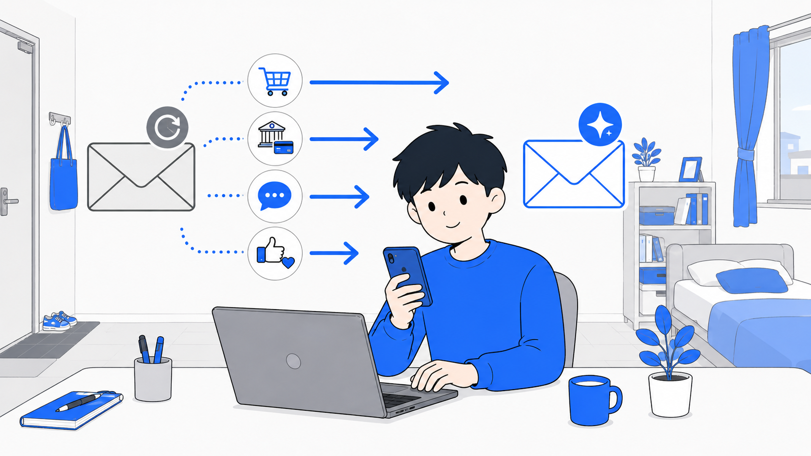 スマホでフリーメールに登録先を移し替える人のイラスト