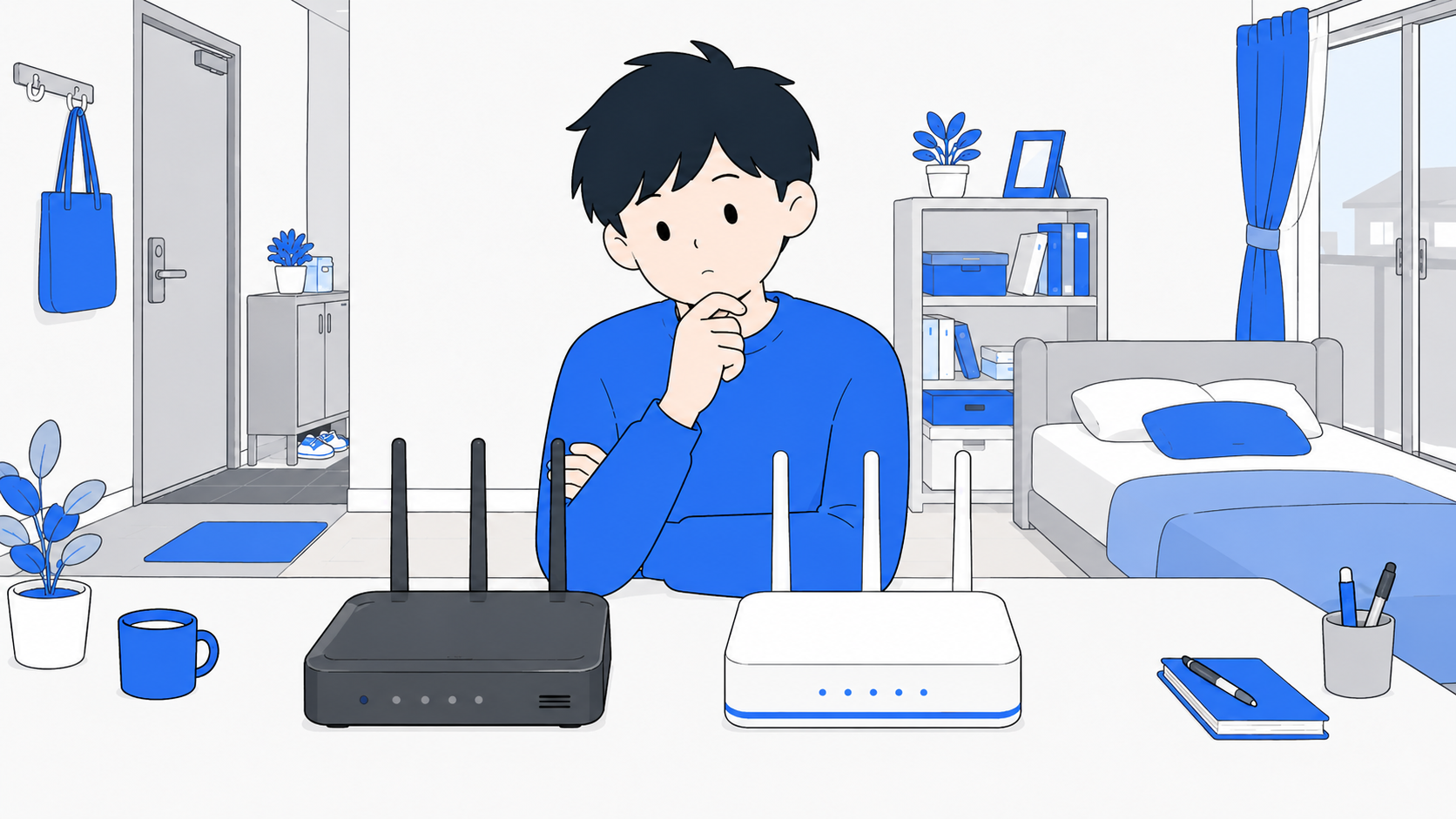 古いWi-Fiルーターと新しいルーターを見比べる人のイラスト