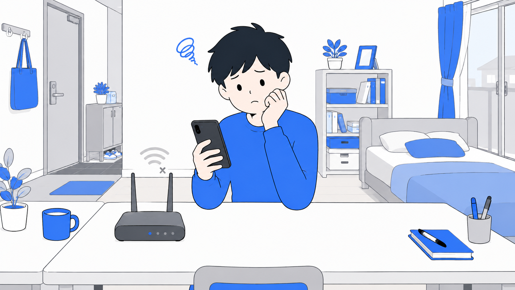 スマホを持って電波が弱くて困っている人のイラスト