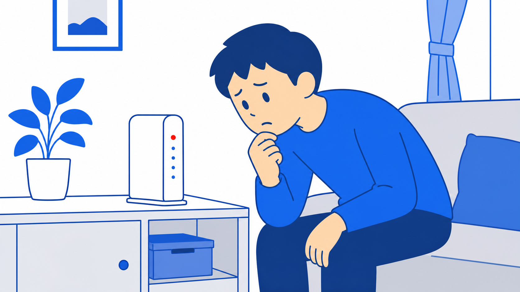 赤いランプが点いたルーターを確認する人のイラスト