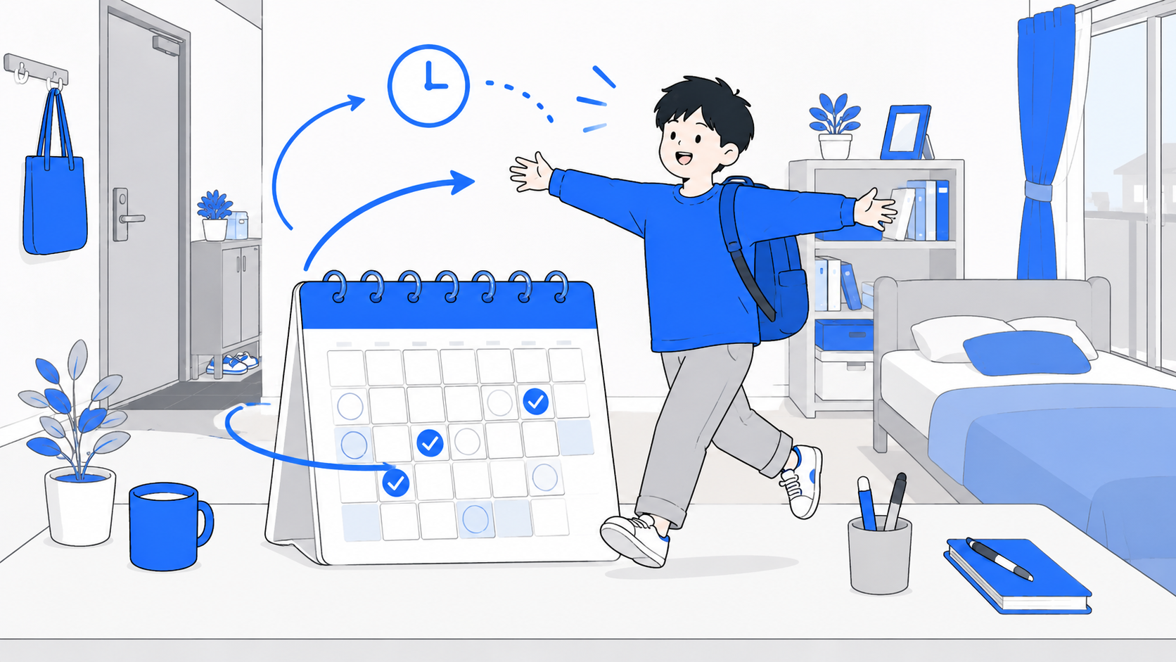 カレンダーと自由に動けるイメージのイラスト