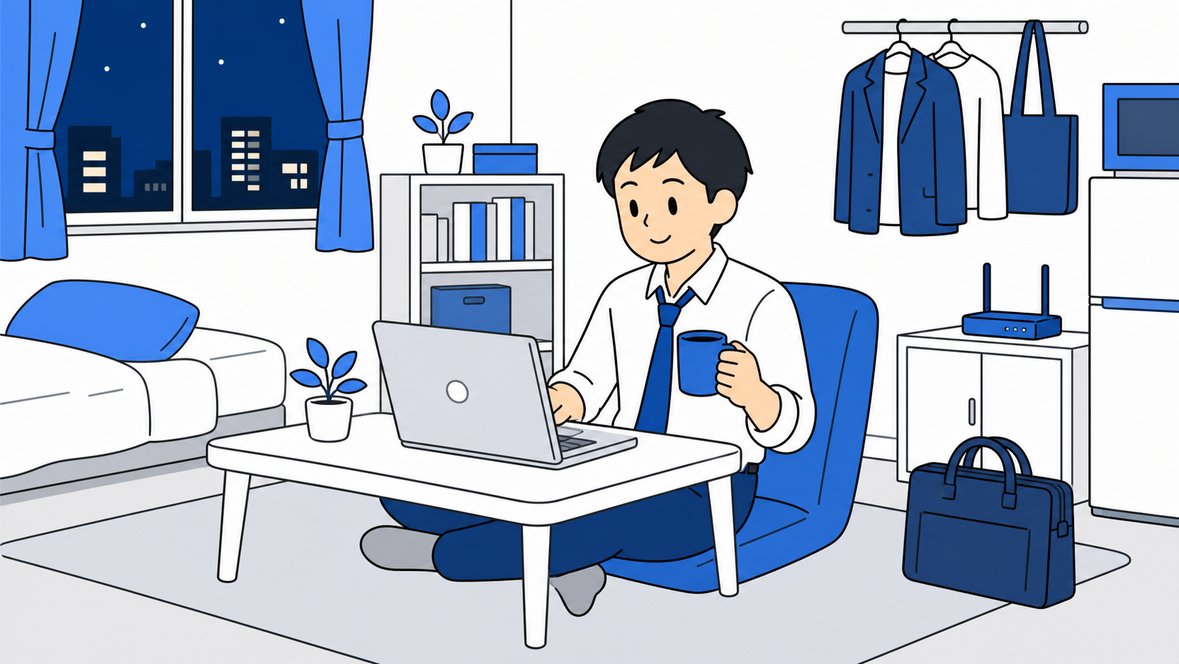 忙しい新社会人が自宅でネット環境を整えるイメージ