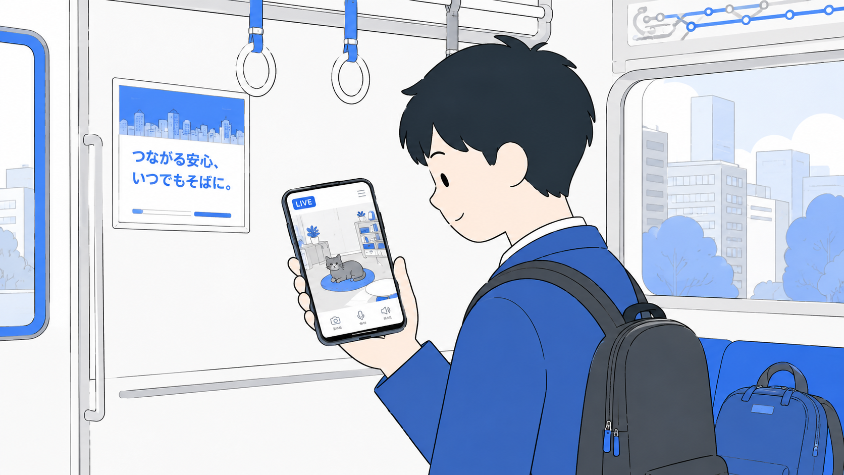 外出先からスマホで家電を操作する人のイラスト
