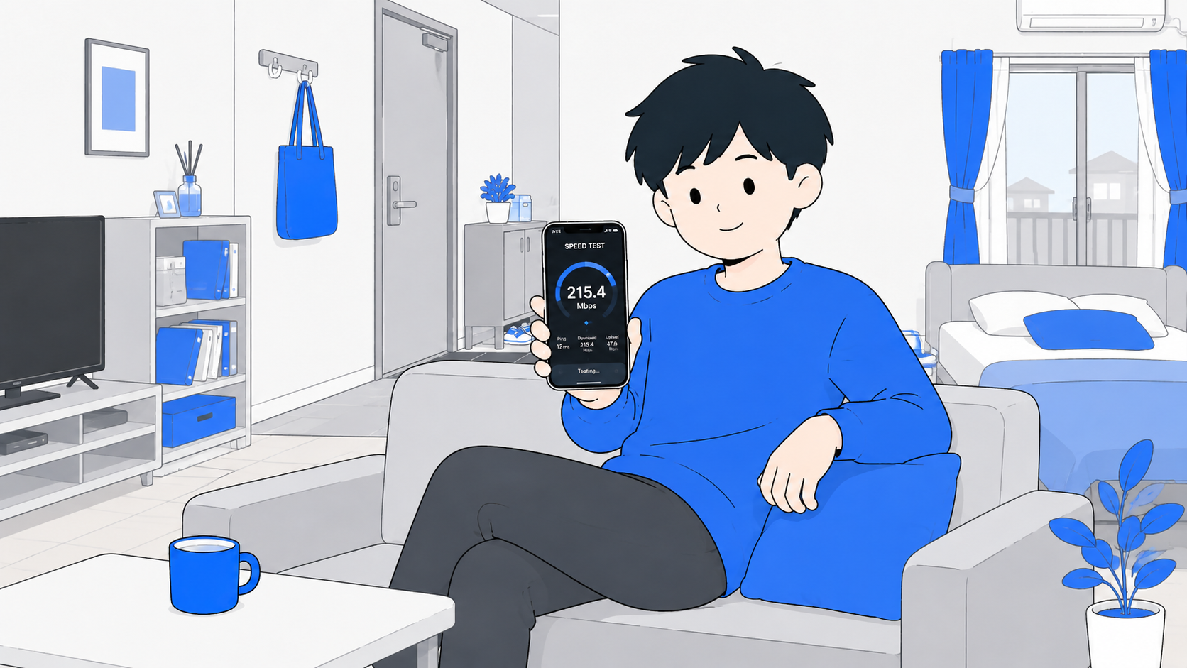 スマホでスピードテストをしている人のイラスト